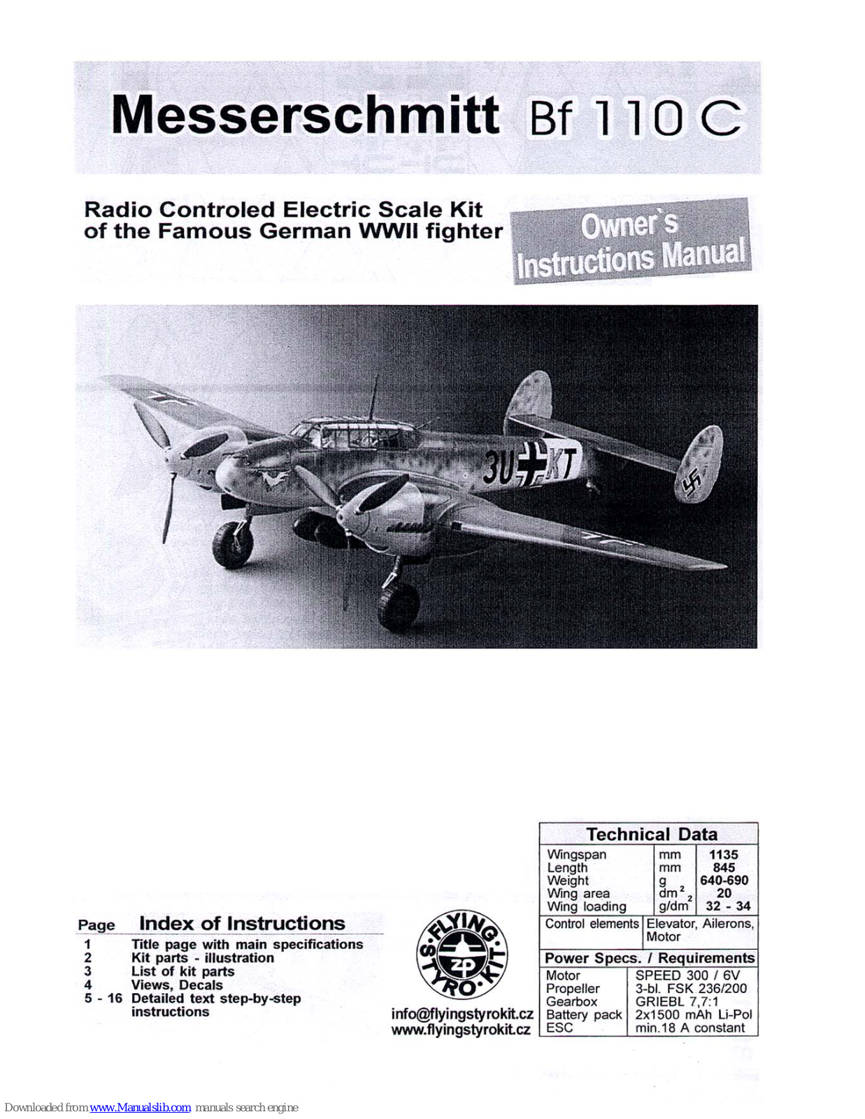 Flying Styro Kit MESSERSCHMITT BF 110 C Owner's Instruction Manual