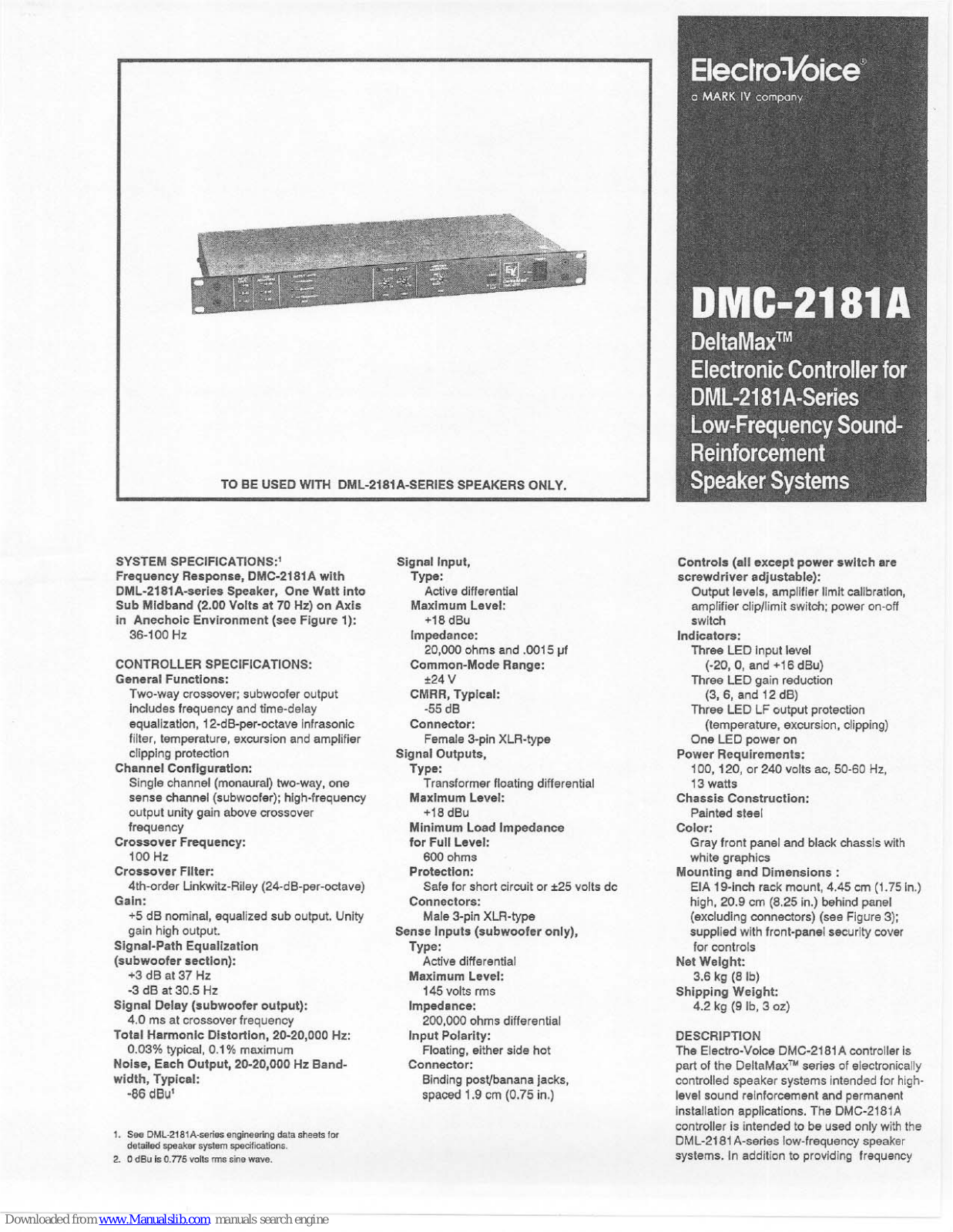 Electro-Voice DeltaMax DMC-2181A Specification Sheet