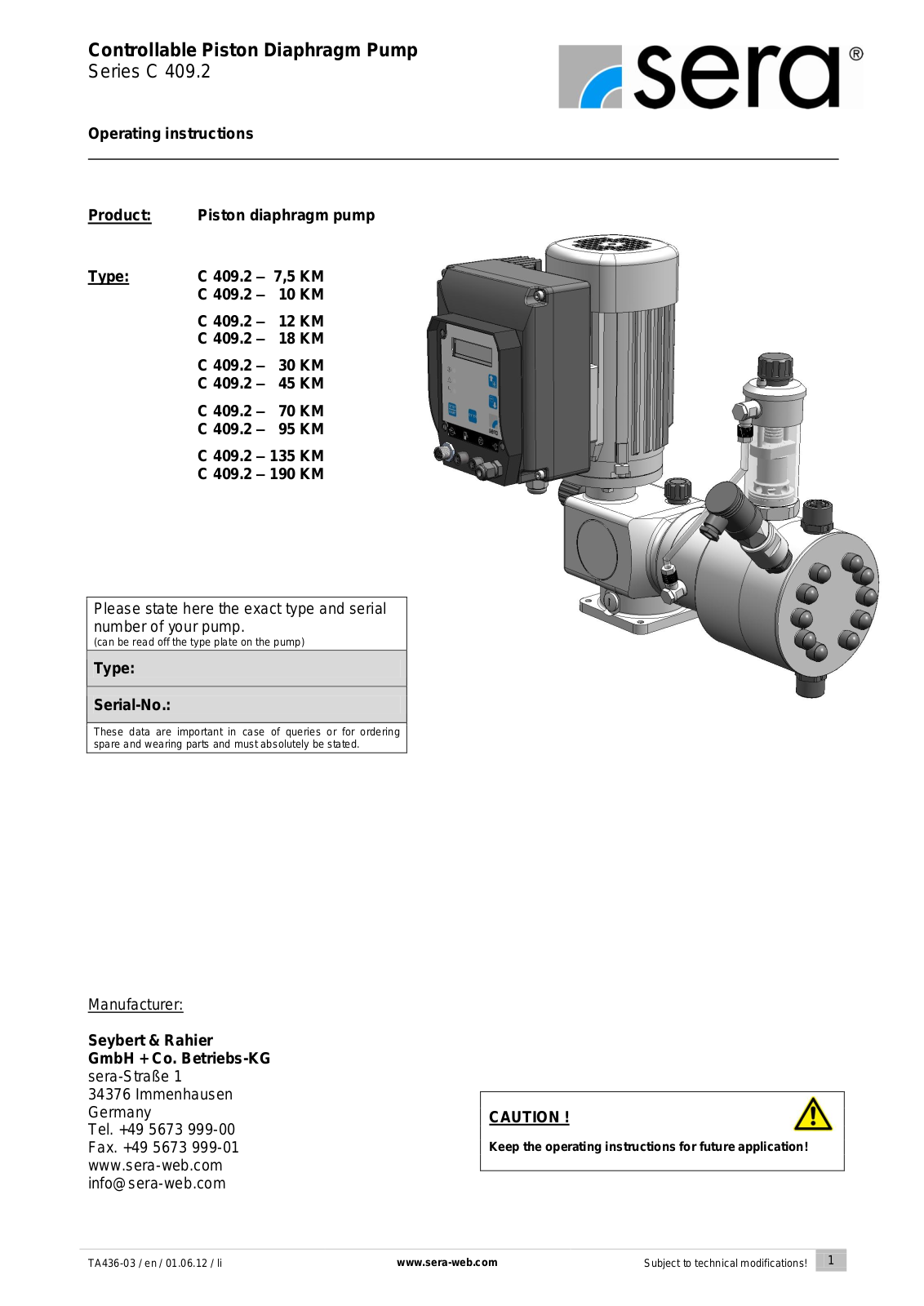 Sera C 409.2 Series,C 409.2-12 KM,C 409.2-7,5 KM Operating Instructions Manual