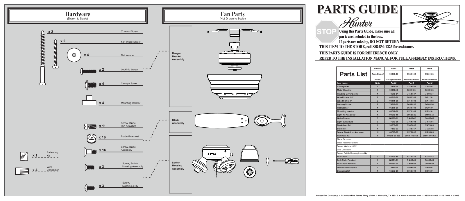 Hunter 23903, 23898, 23908 Parts Guide