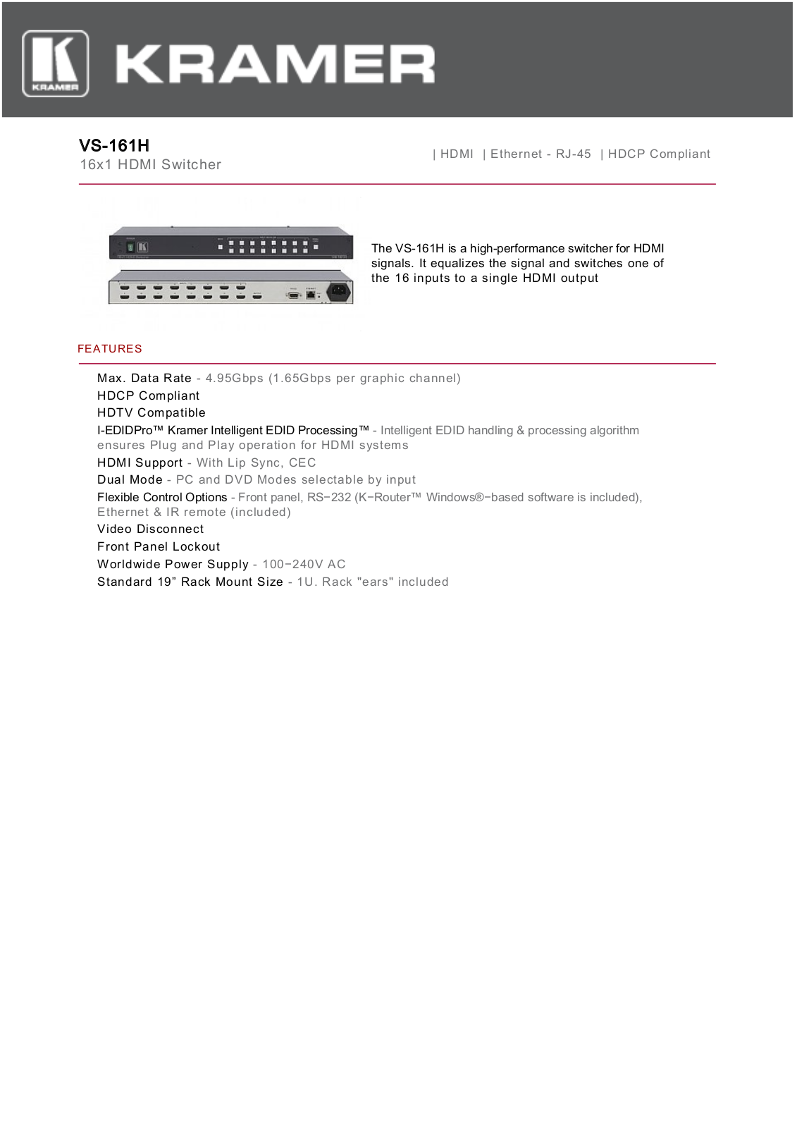 Kramer VS-161H User Manual