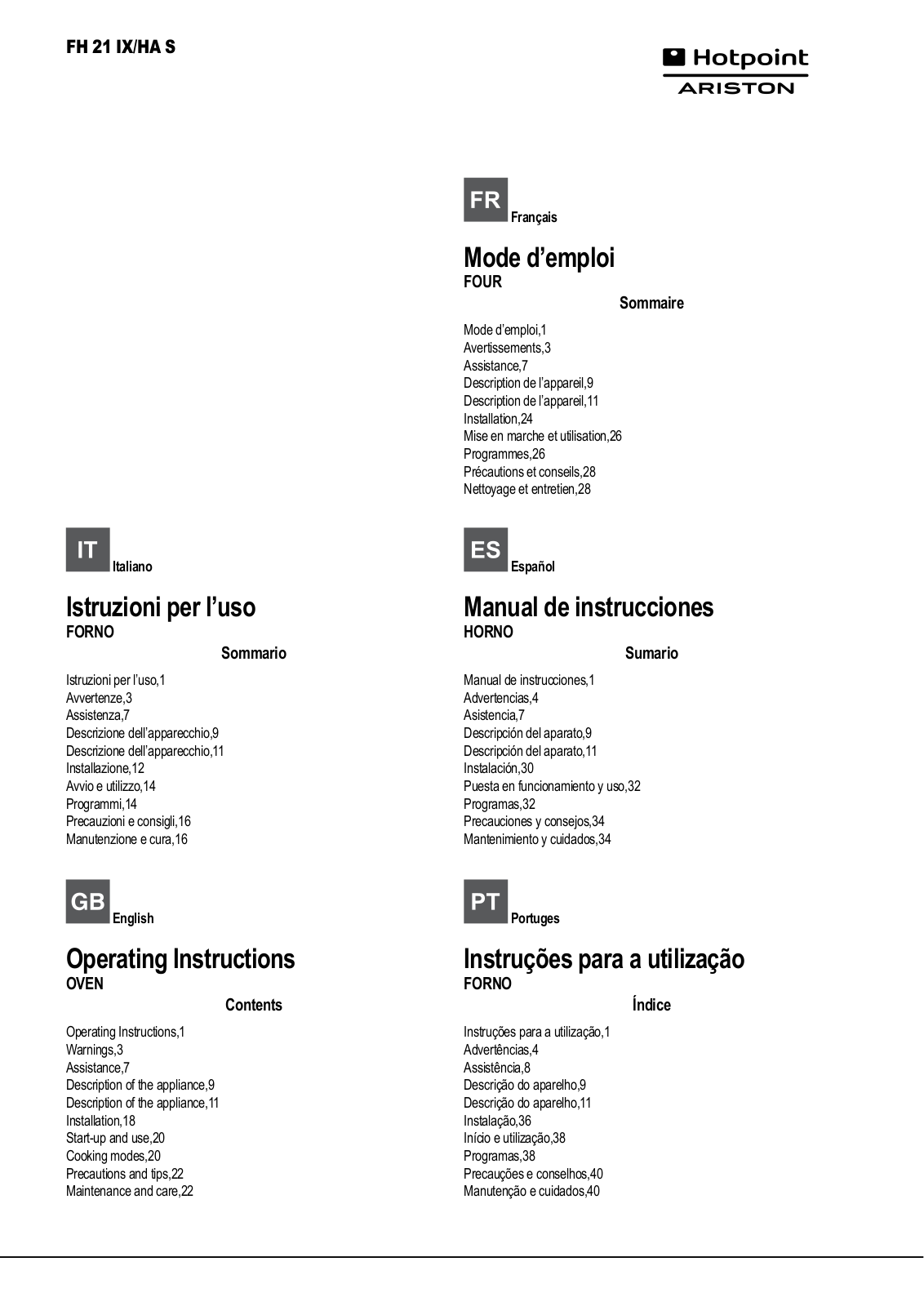 HOTPOINT/ARISTON FH 21 IX/HA S User Manual