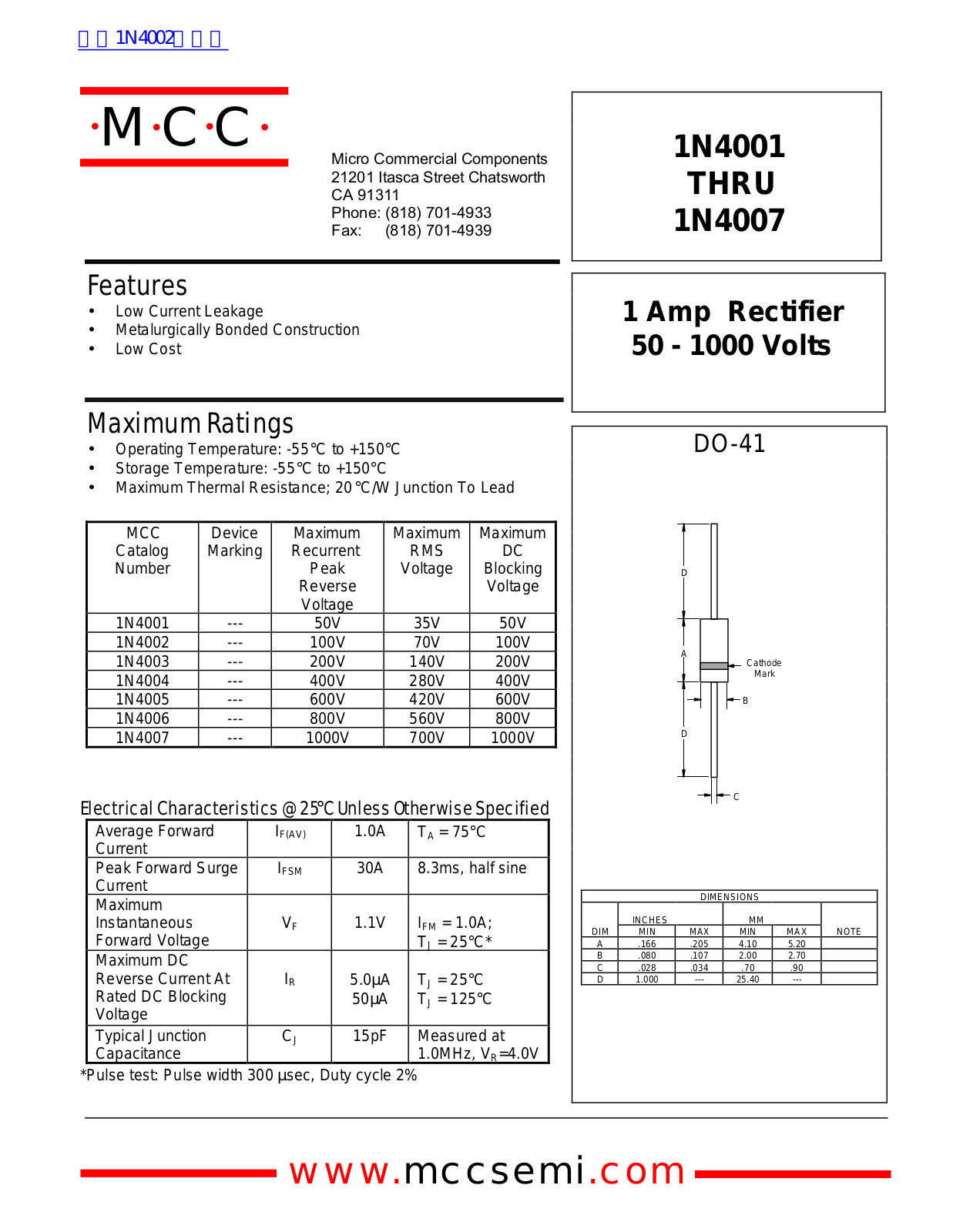 Micro Commercial Components 1N4001, 1N4007 Technical data