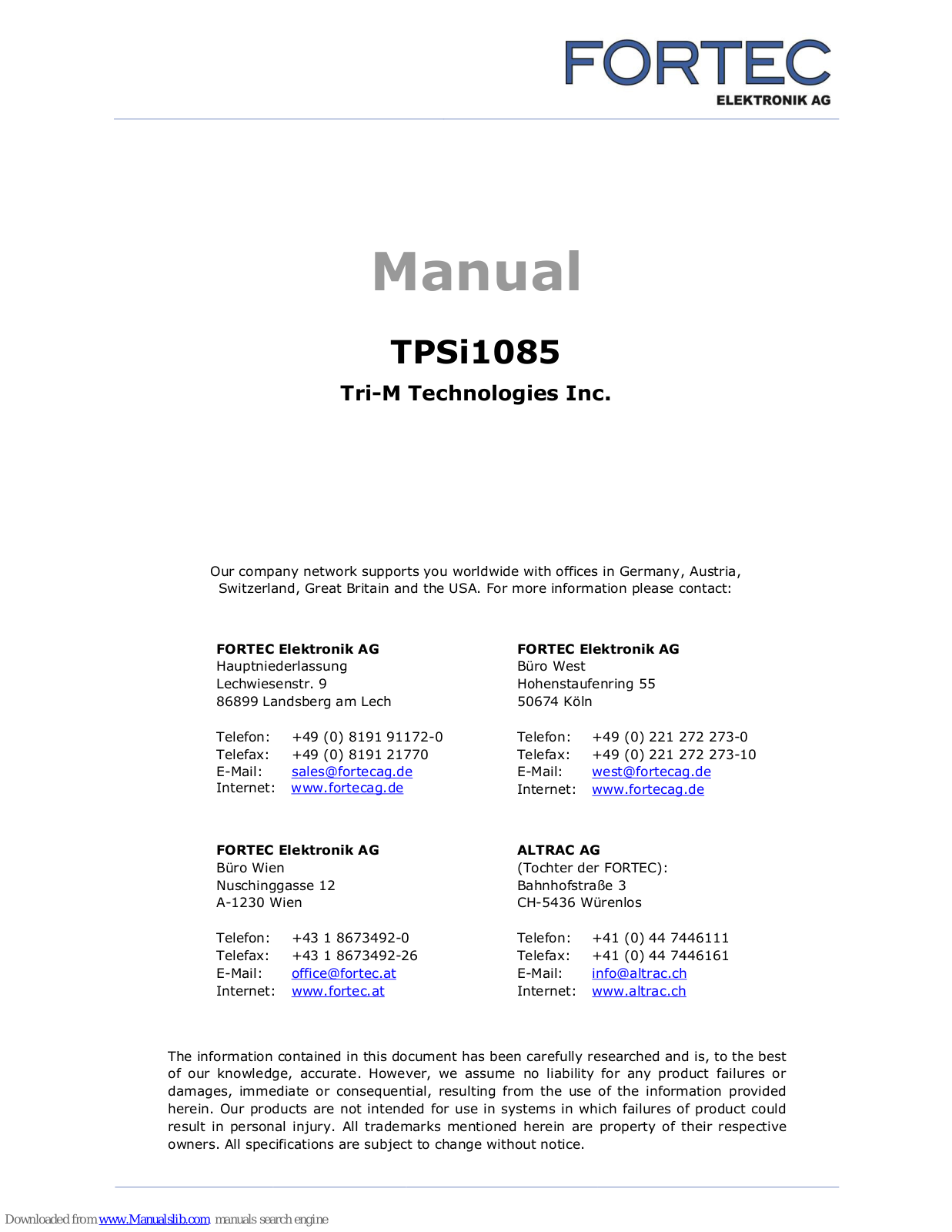 Tri-M FORTEC TPSi1085 User Manual - ManualMachine.com