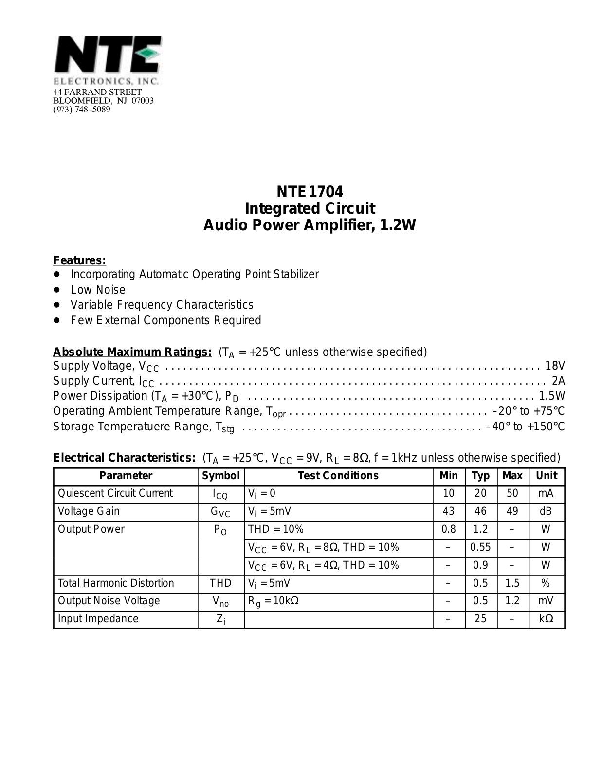 Datasheet NTE1704 Datasheet (NTE) - ManualMachine.com