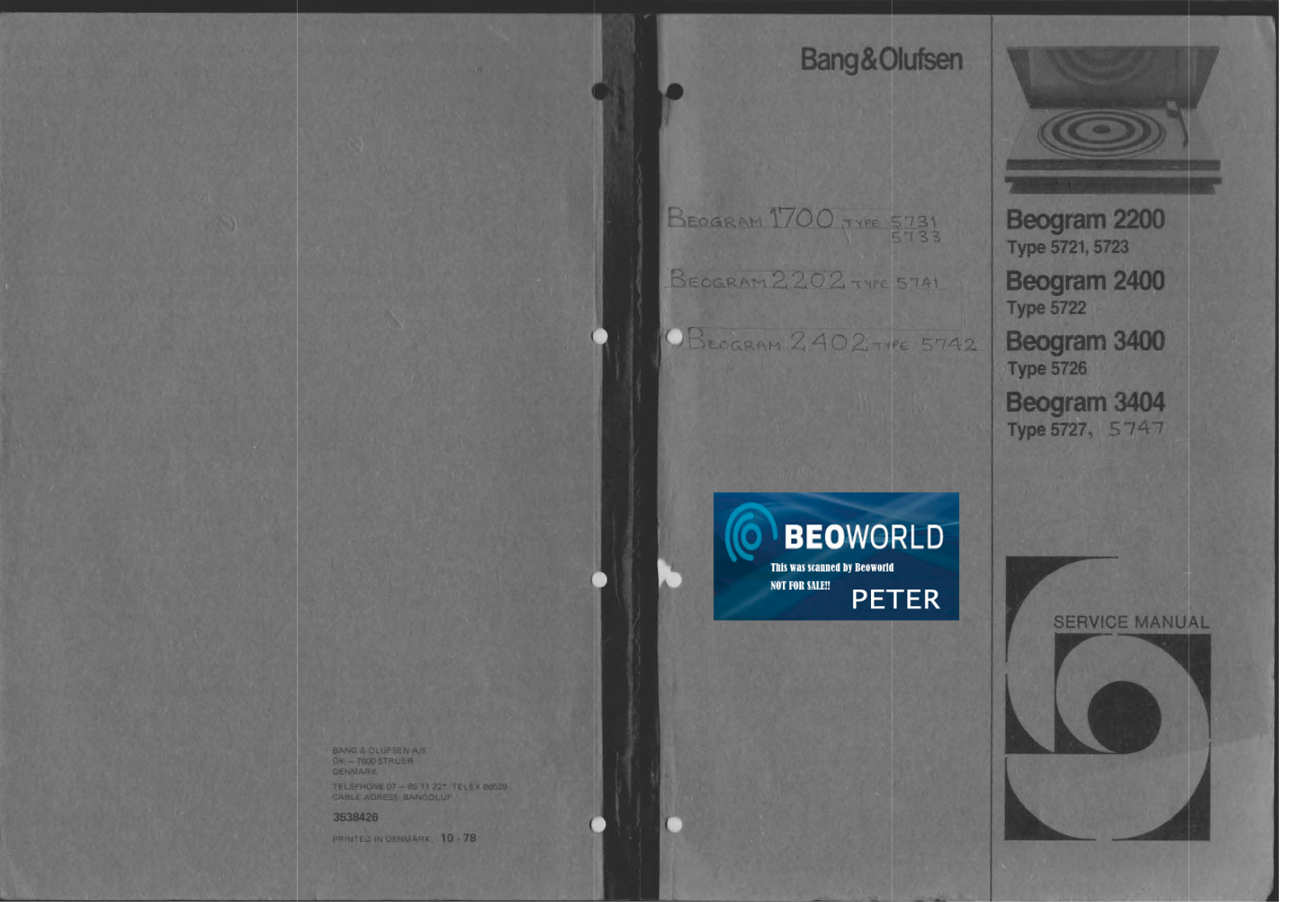 Bang Olufsen Beogram 3404, Beogram 2402, Beogram 2400, Beogram 2202 Service Manual
