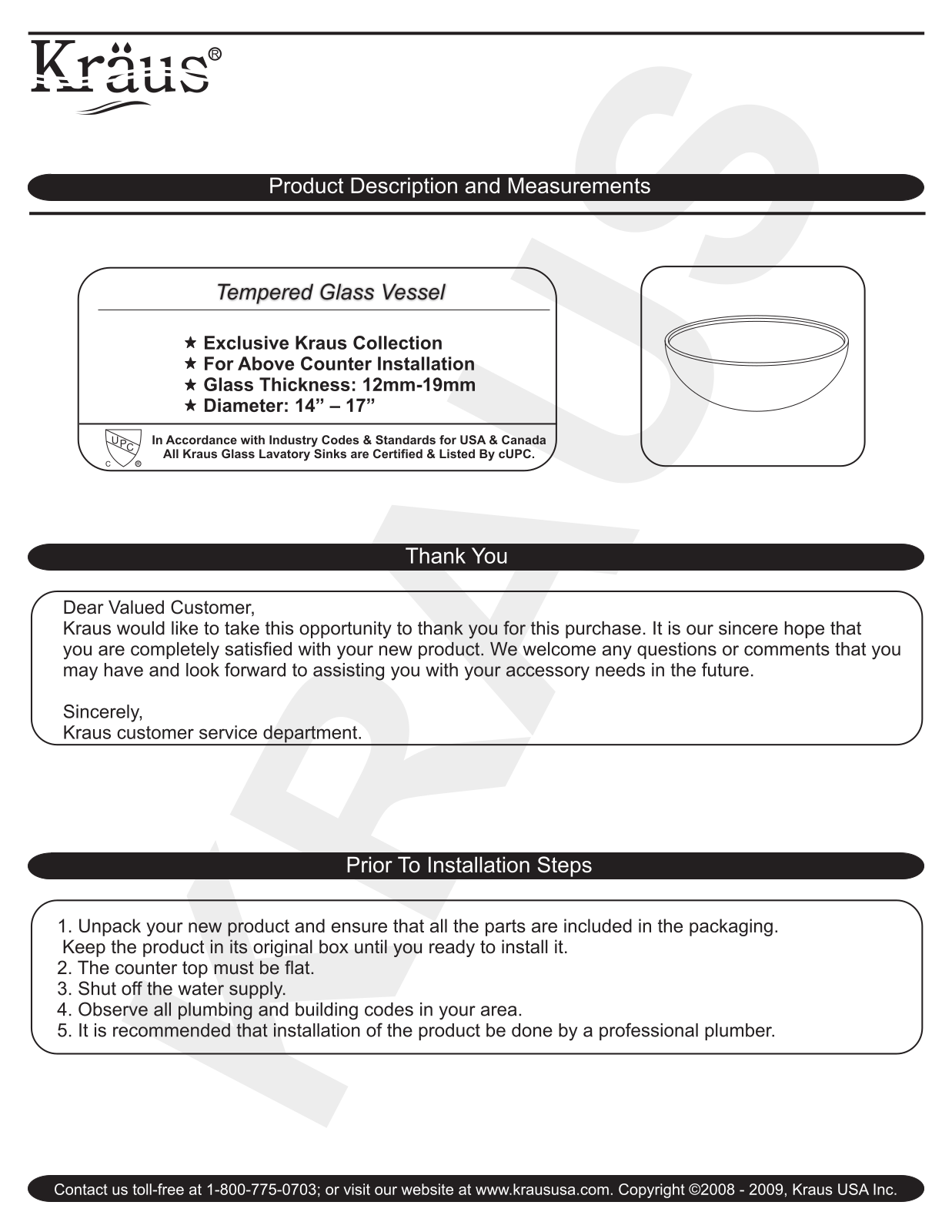 Kraus CGV10112MM1005SN Installation manual