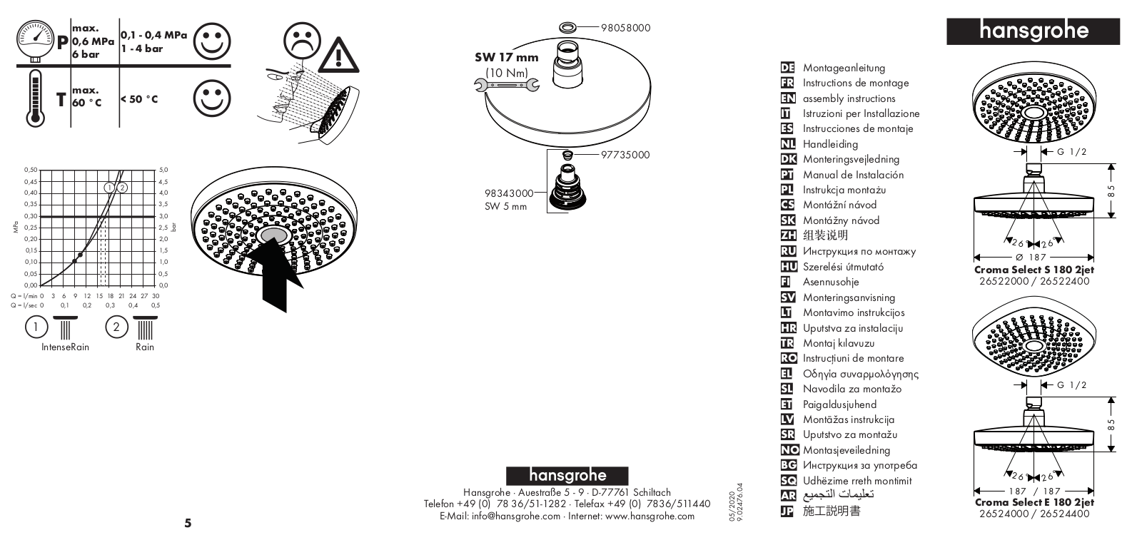 Hansgrohe 26522000, 26522400, 26524000, 26524400 assembly instructions