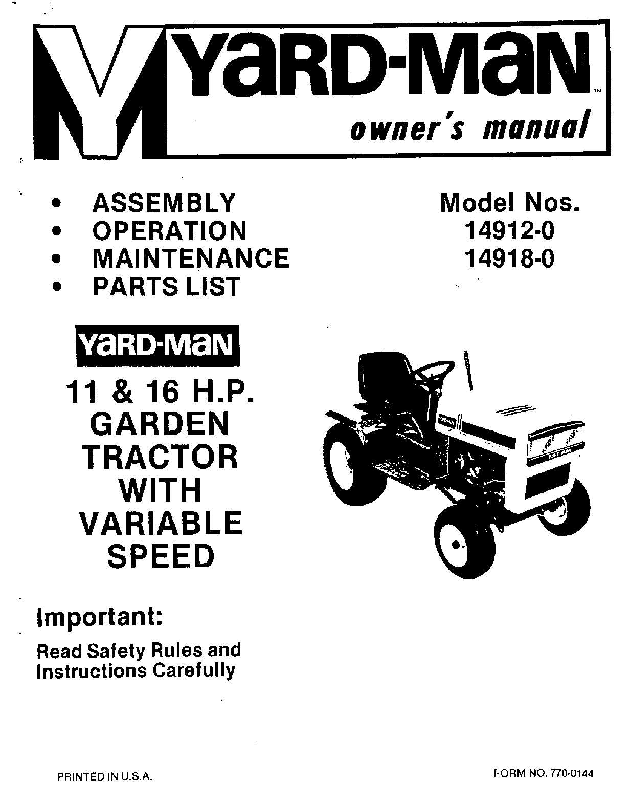 Yard-Man 14912-0, 14918-0 User Manual