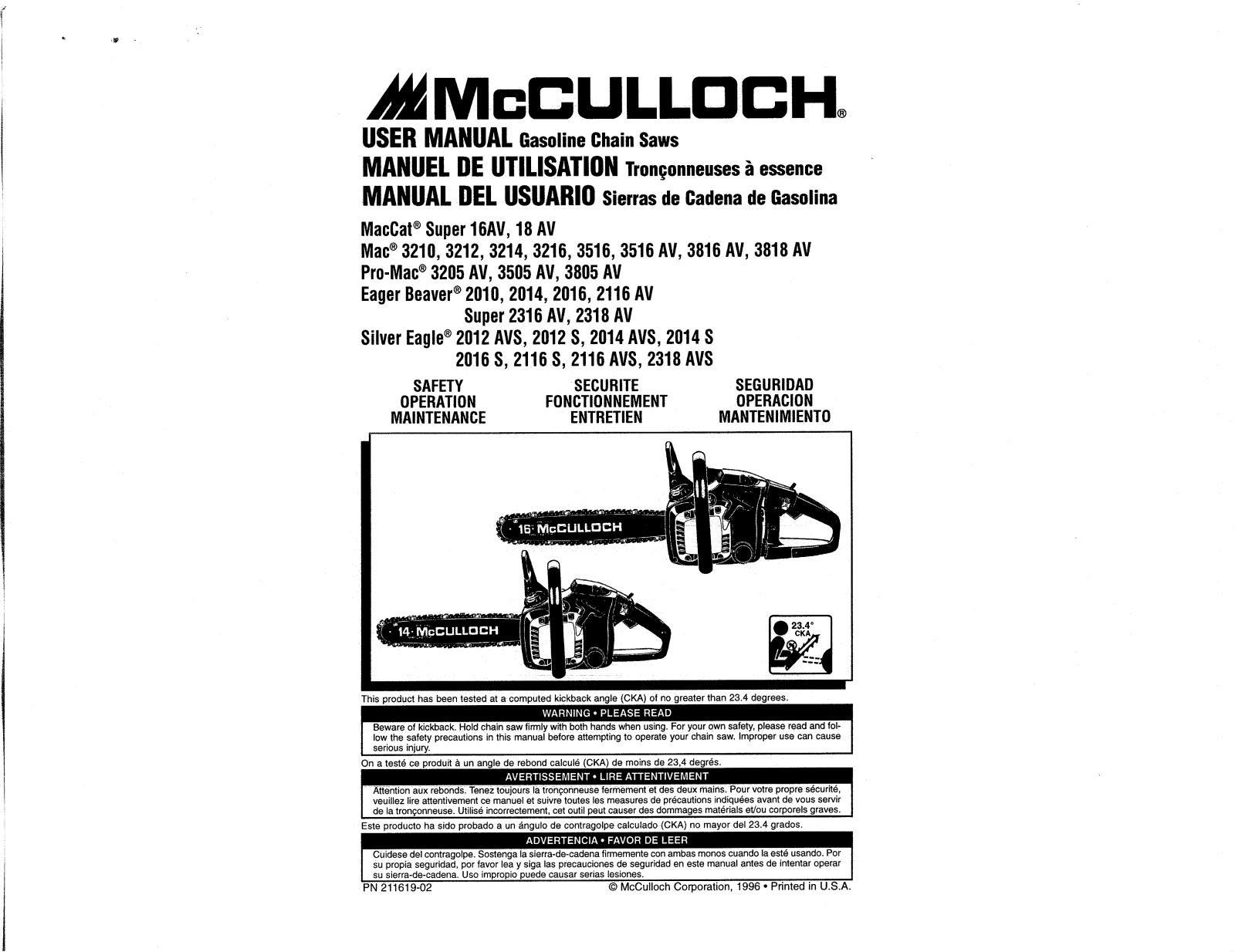 mcculloch MAC 3216, EAGER BEAVER 2316, MAC 3516, MACCAT 18, PROMAC 3205 user Manual