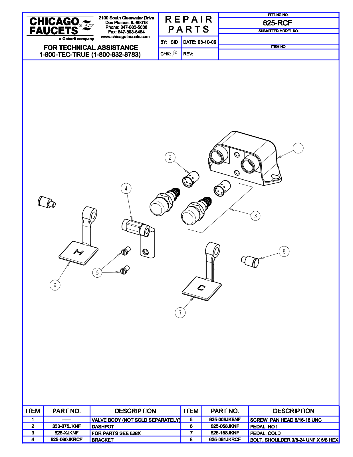 Chicago Faucet 625-RCF Parts List