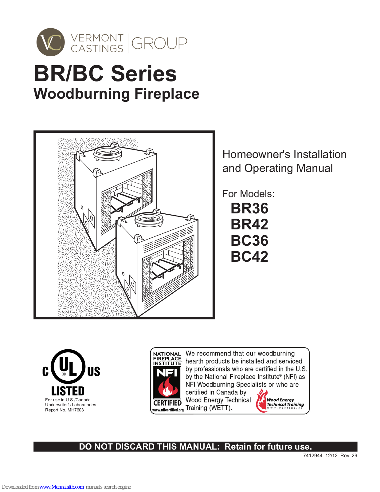 Vermont Castings BR36, BR42, BC36, BC42 Homeowner's Installation And Operating Manual