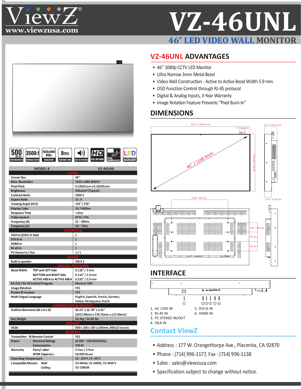 ViewZ VZ-46UNL Specsheet