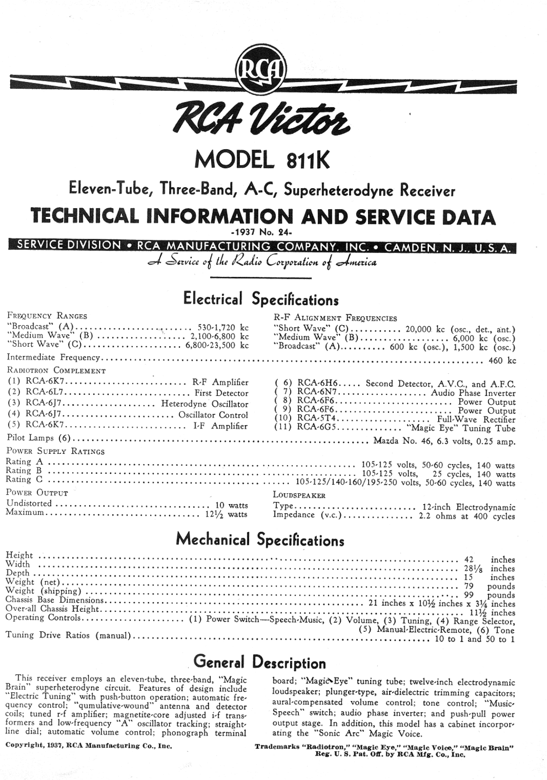 RCA 811 K Technical Information