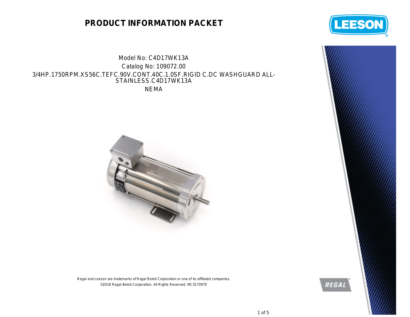 Leeson 109072.00 Product Information Packet