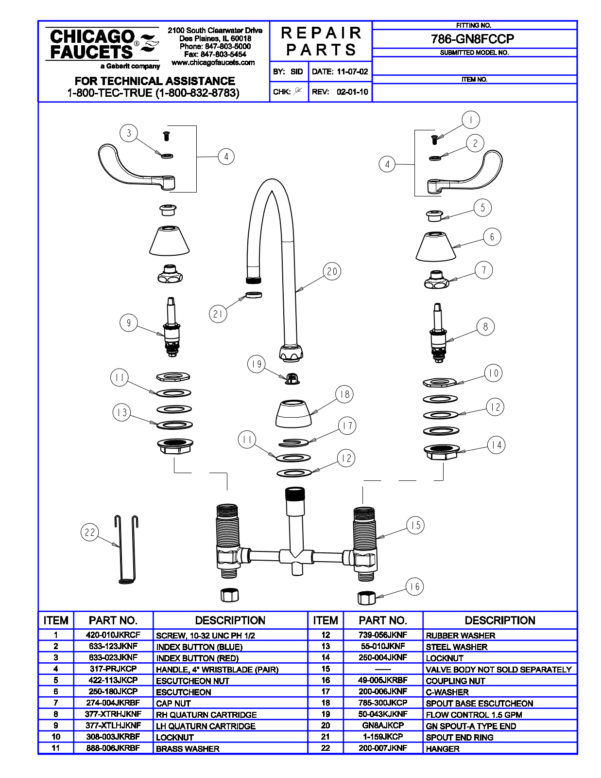 Chicago Faucet 786-GN8FCCP Parts List