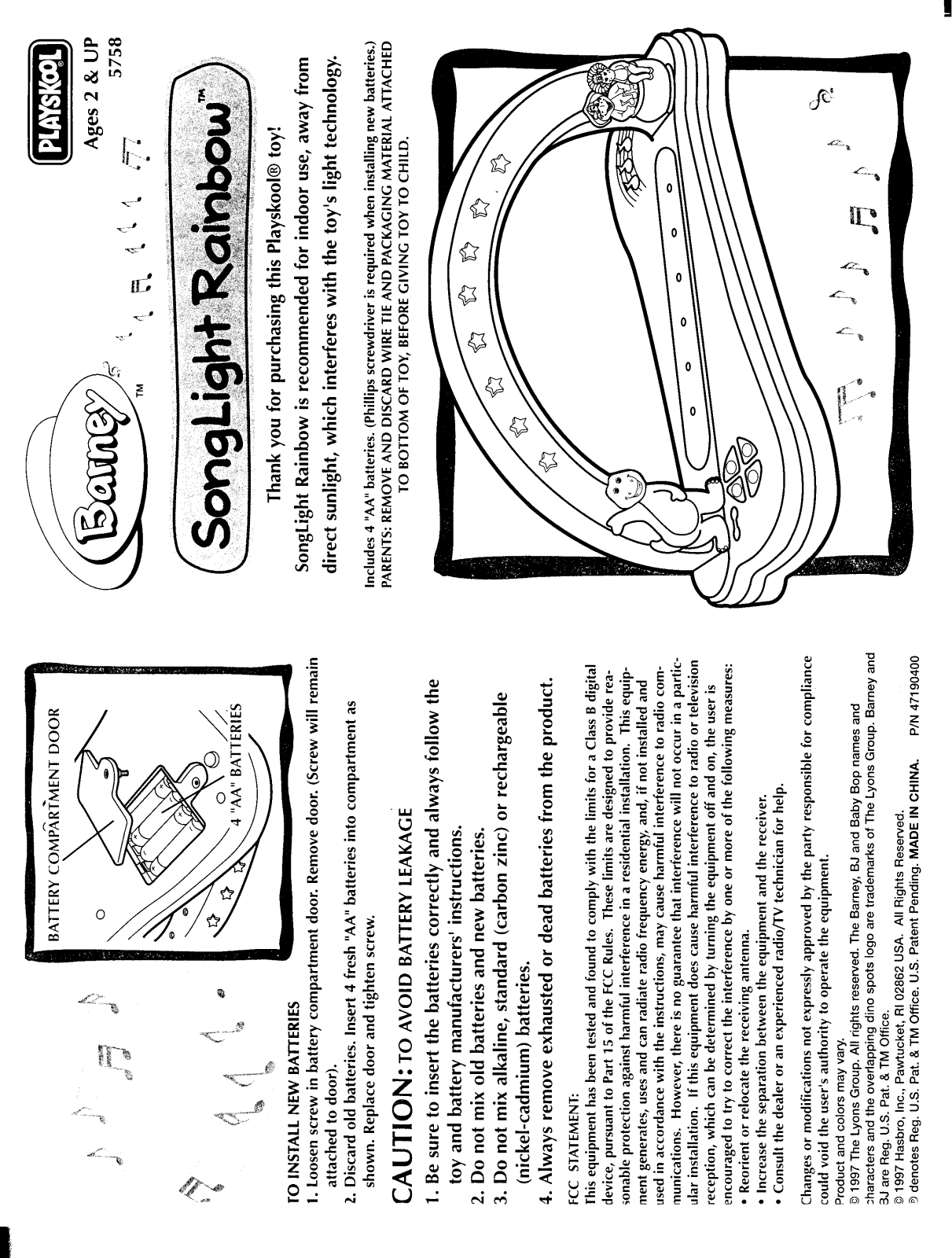 HASBRO Barney Songlight Rainbow User Manual