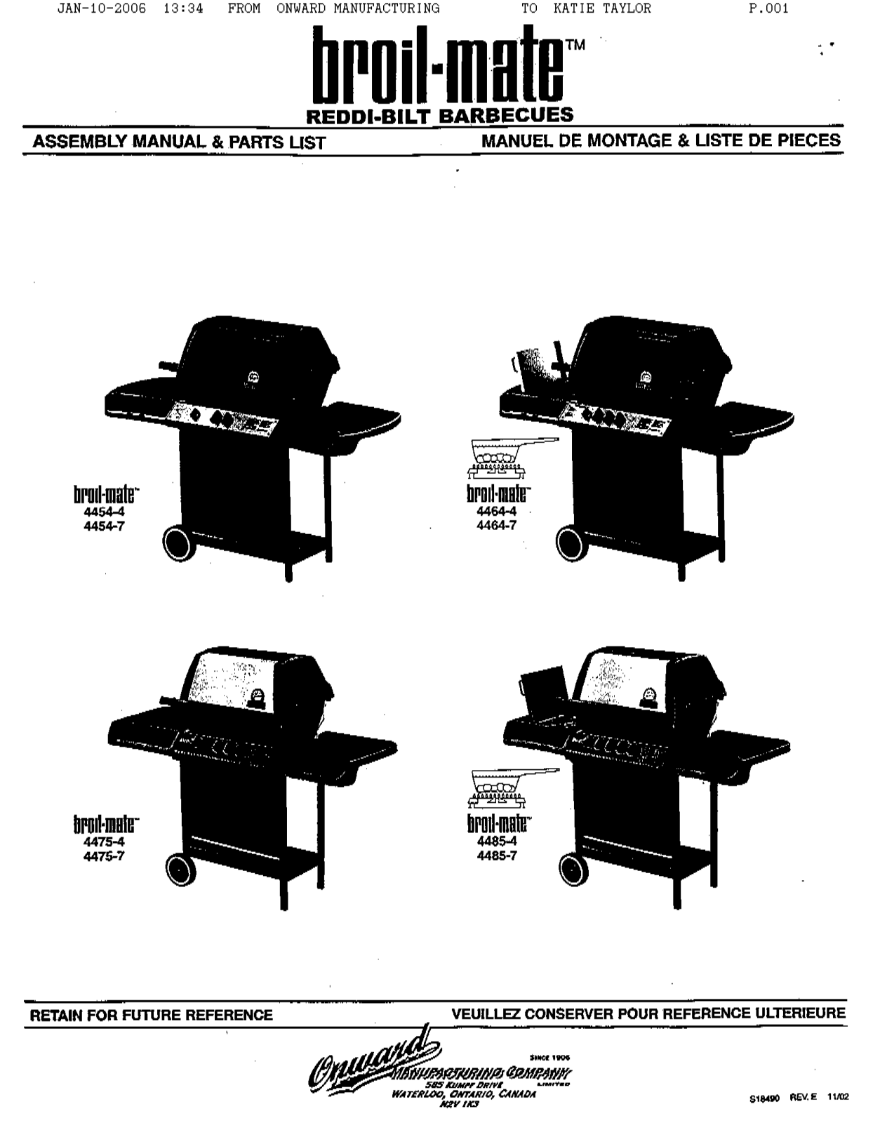 Broil-mate 4454-7, 4454-4, 4464-7, 4464-4, 4475-7 Owner's Manual