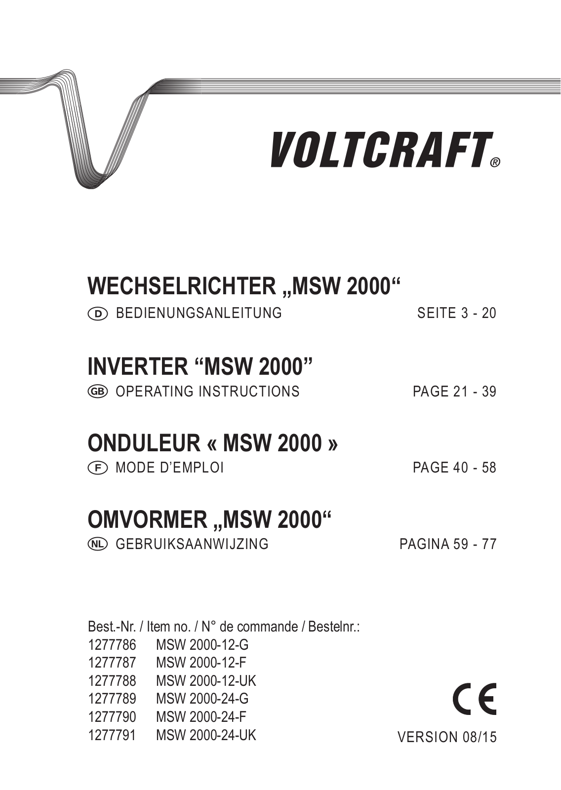 VOLTCRAFT MSW 2000-12-G, MSW 2000-12-F, MSW 2000-12-UK, MSW 2000-24-G, MSW 2000-24-F User guide