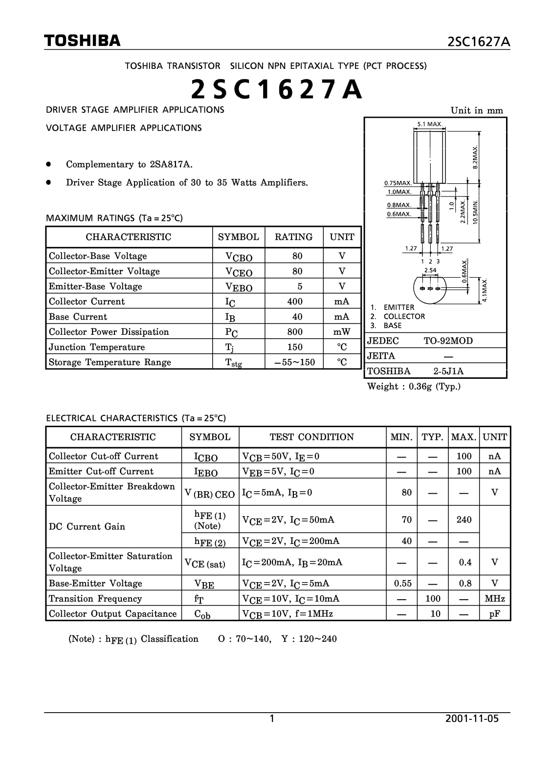 Toshiba 2SC1627A DIAGRAMS