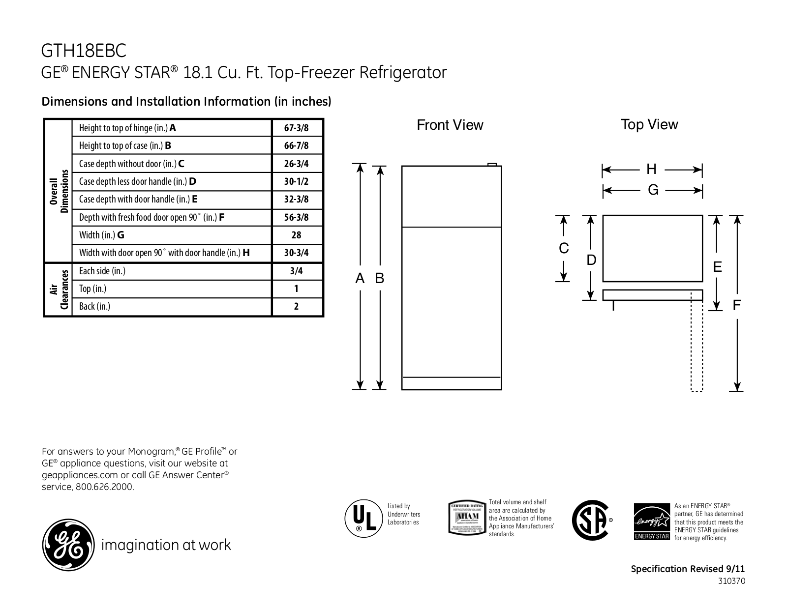 GE GTH18EBC Specification