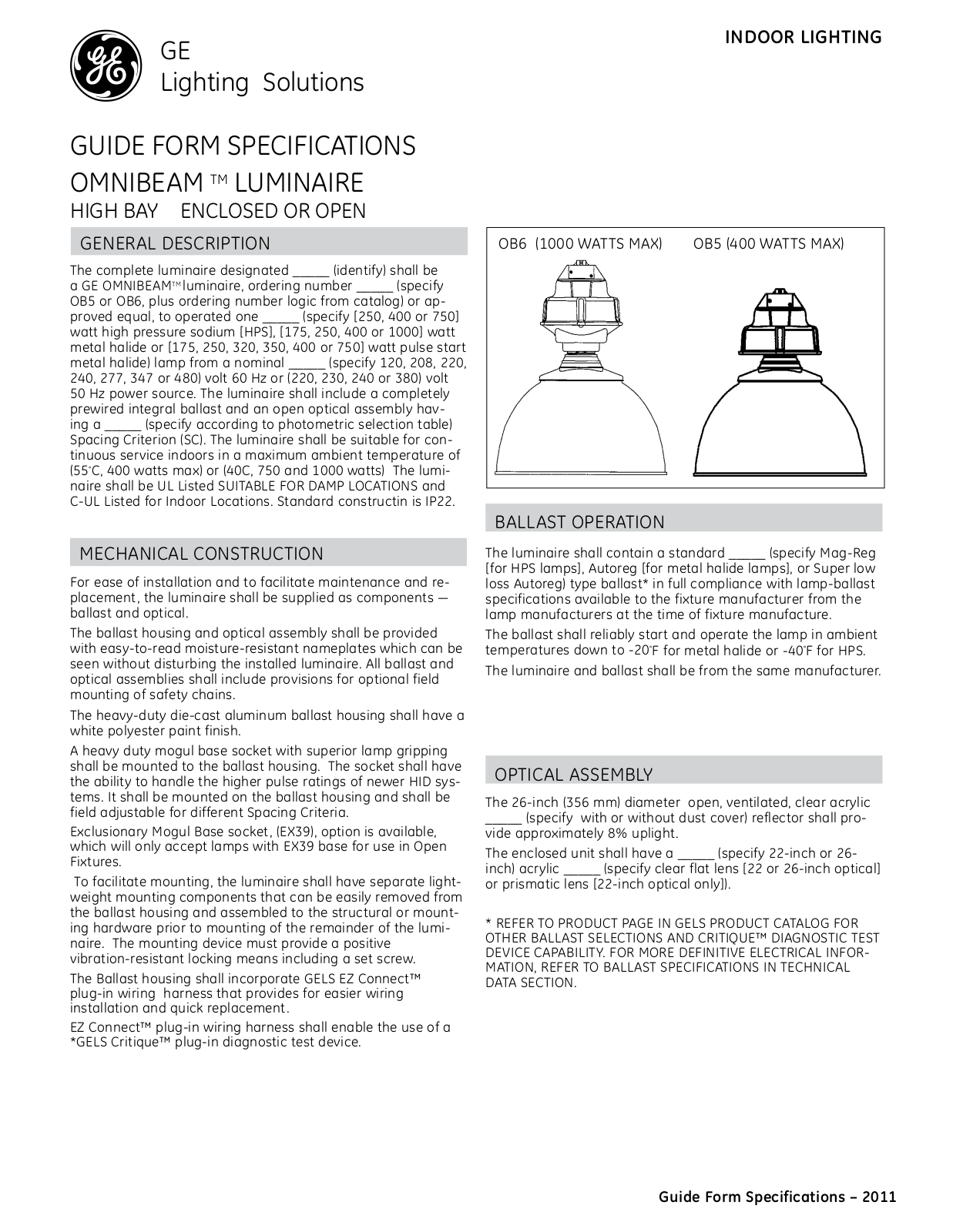 GE OB5, OB6 Specification Sheet