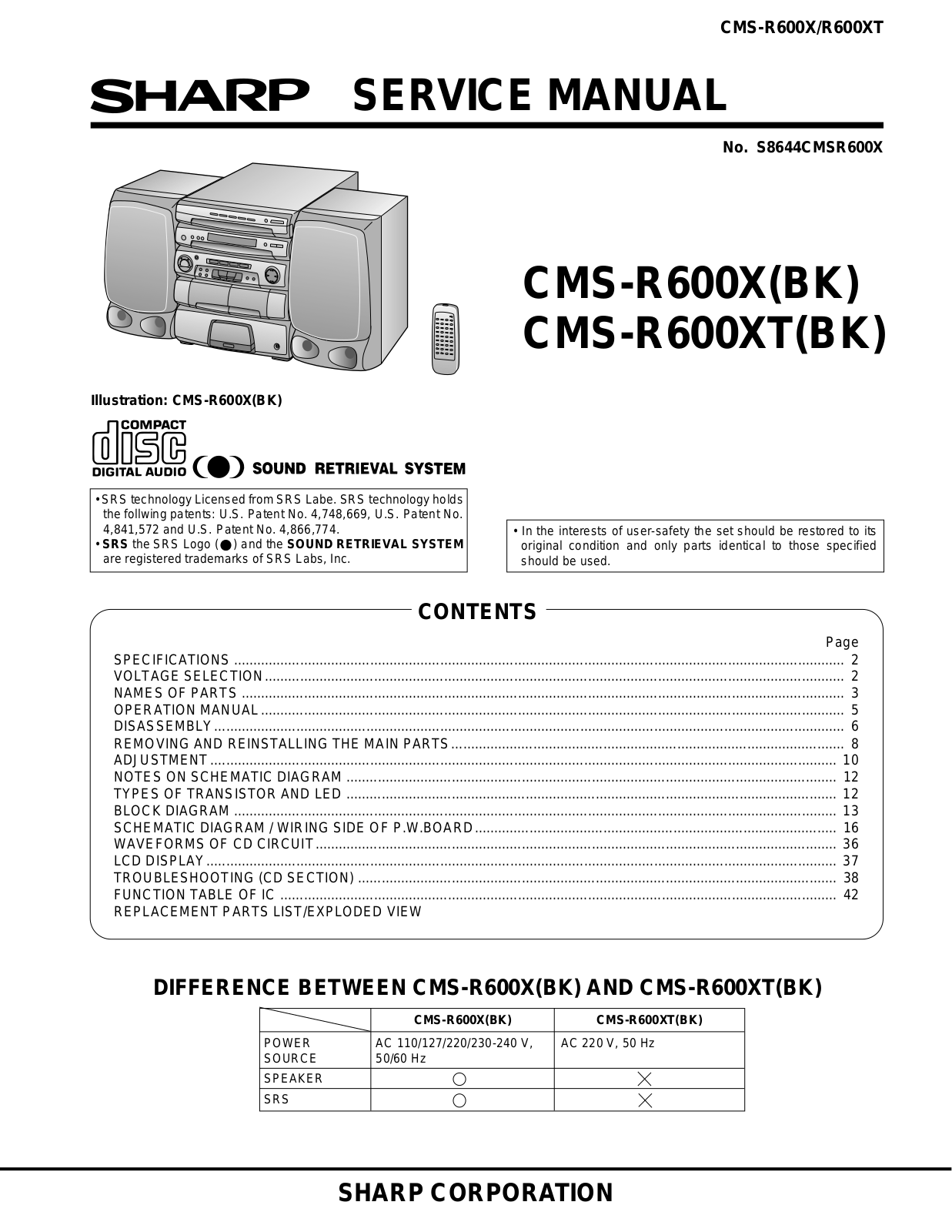 Sharp CMSR-600-X, CMSR-600-XT Service manual