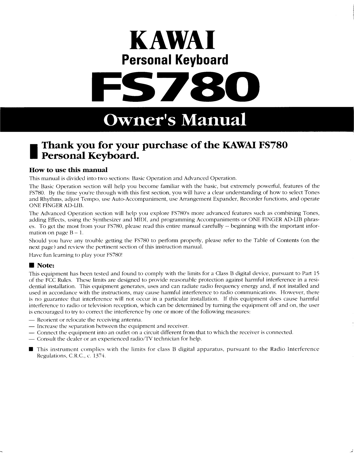 Kawai FS780 User Manual