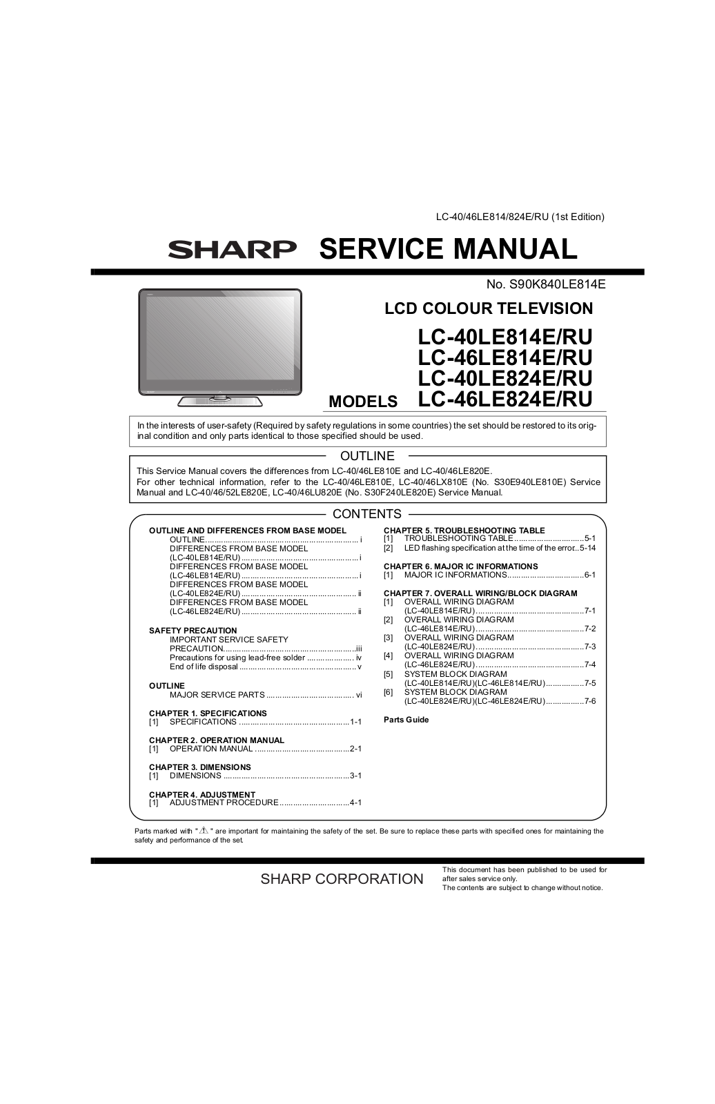 SHARP LC-40LE814E, LC-46LE814E, LC-40LE824E, LC-46LE824E, LC-40LE814RU Service Manual