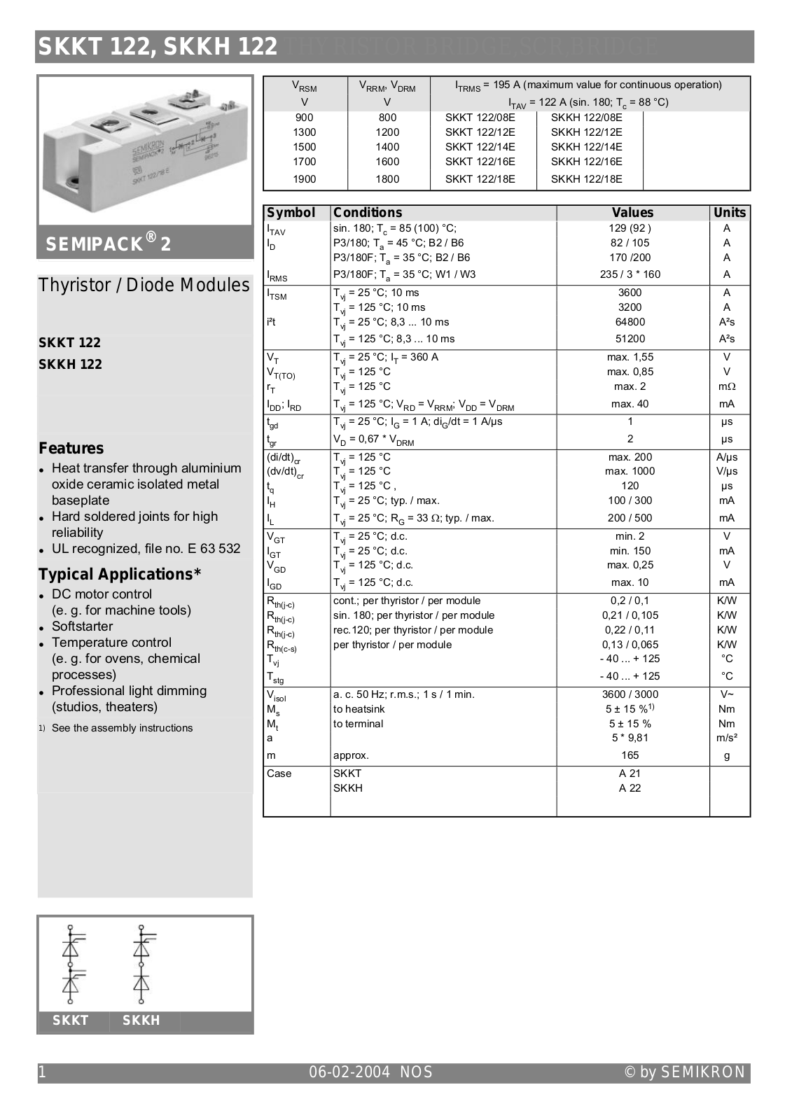 Semikron SKKT 122, SKKH 122 Data Sheet