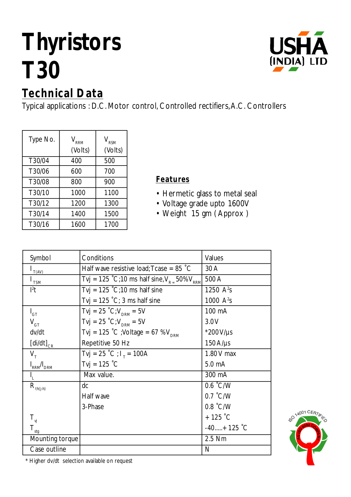 USHA T30-14, T30-16, T30-12, T30-10, T30-08 Datasheet