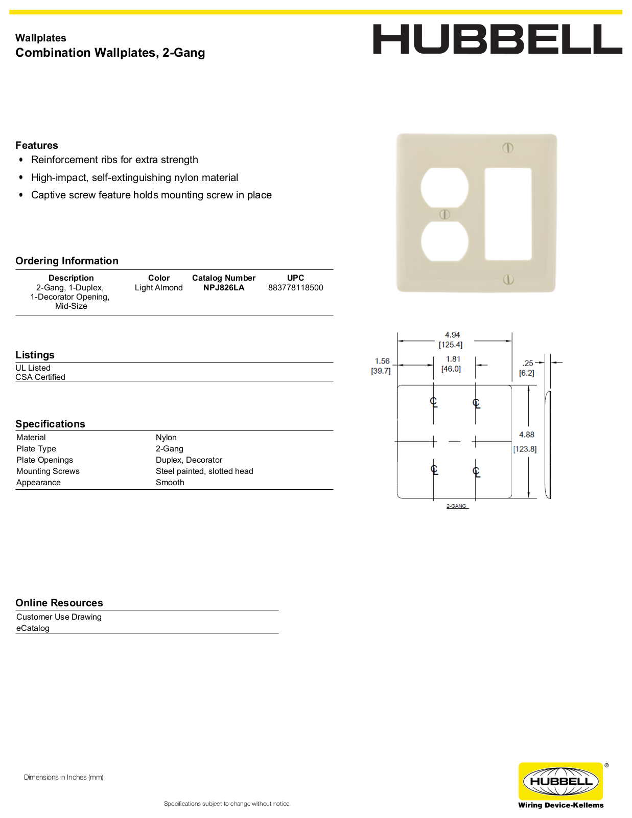 Hubbell NPJ826LA Specifications