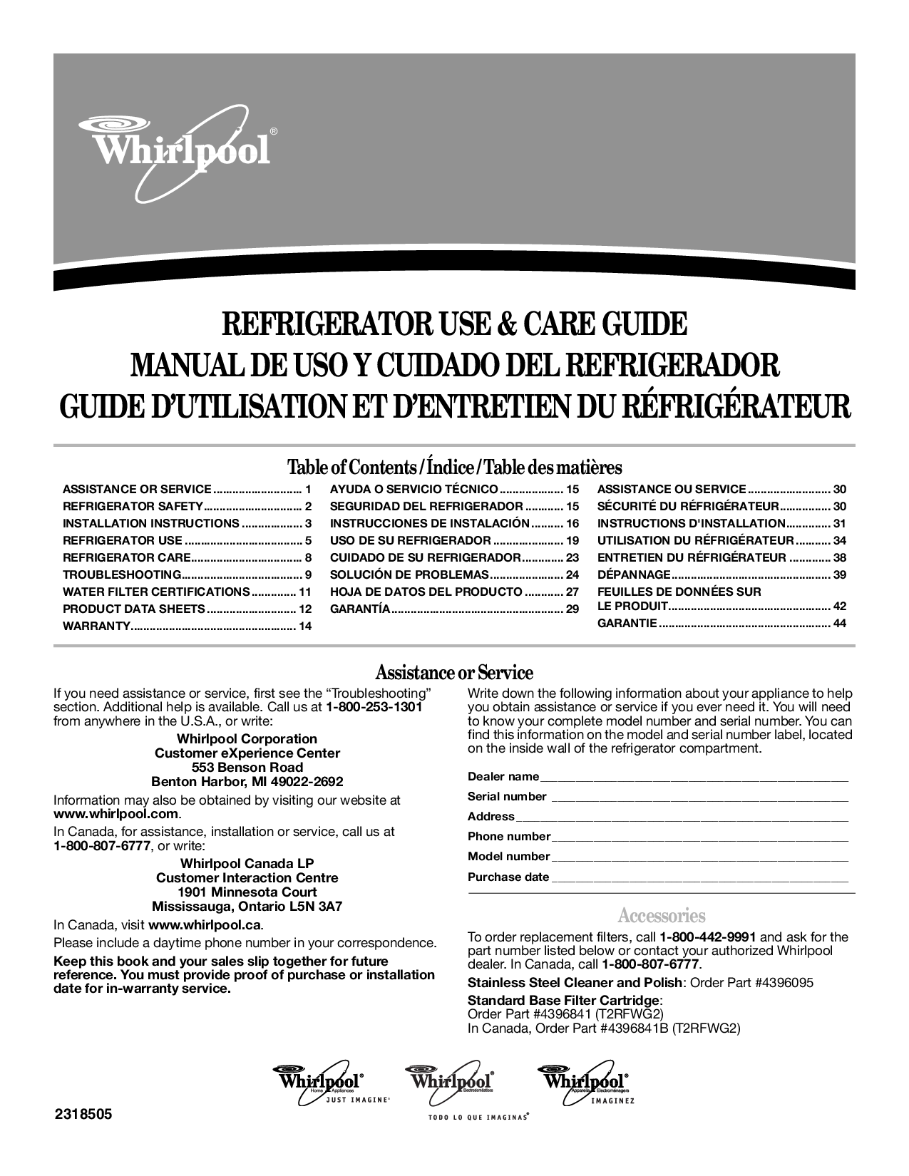 WHIRLPOOL GD5DHAX, GD5NVAXSY User Manual