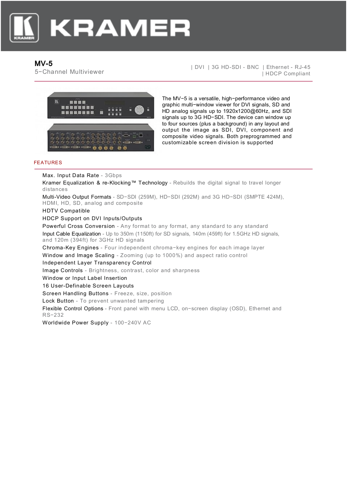 Kramer MV-5 Datasheet