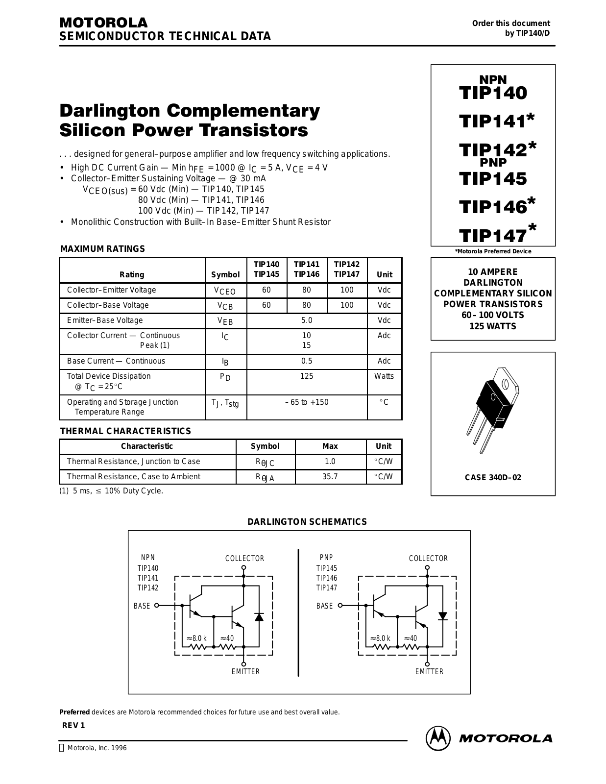 MOTOROLA TIP146, TIP140, TIP147, TIP142, TIP145 Datasheet