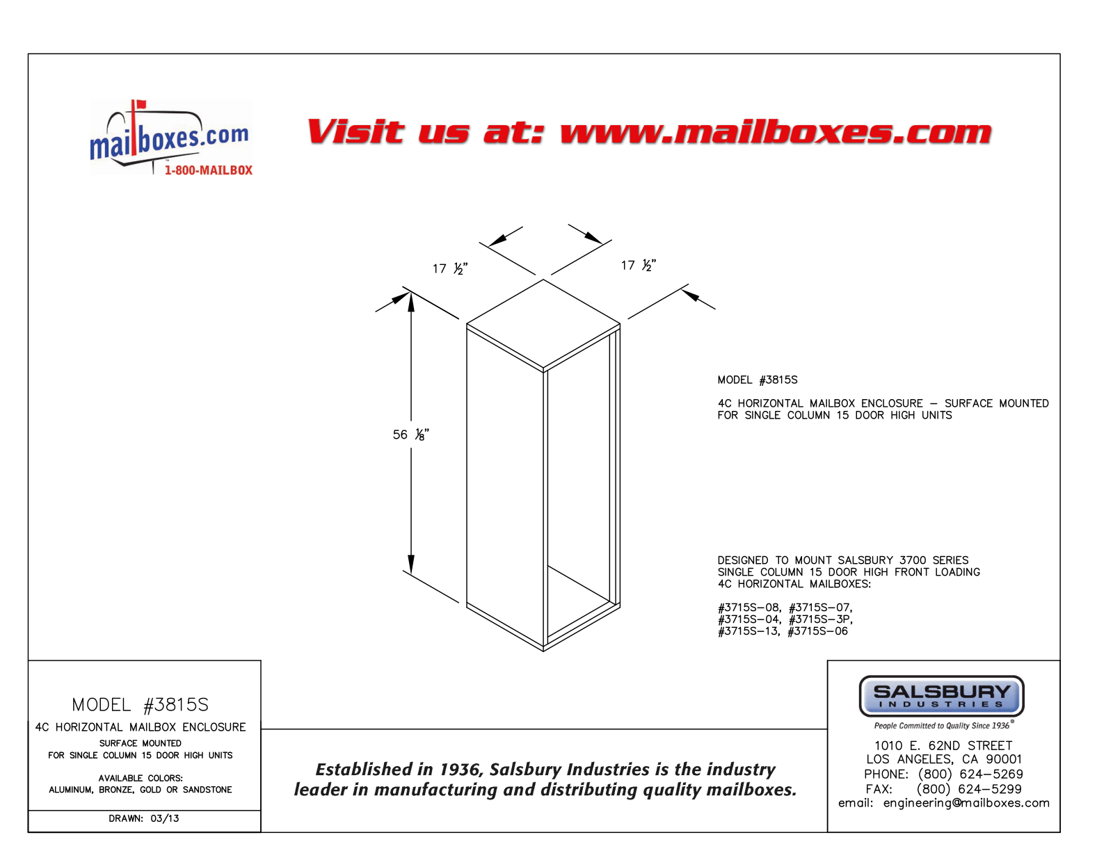 Salsbury Industries 3815SSAN, 3815SALM, 3815SGLD, 3815SBRZ User Manual