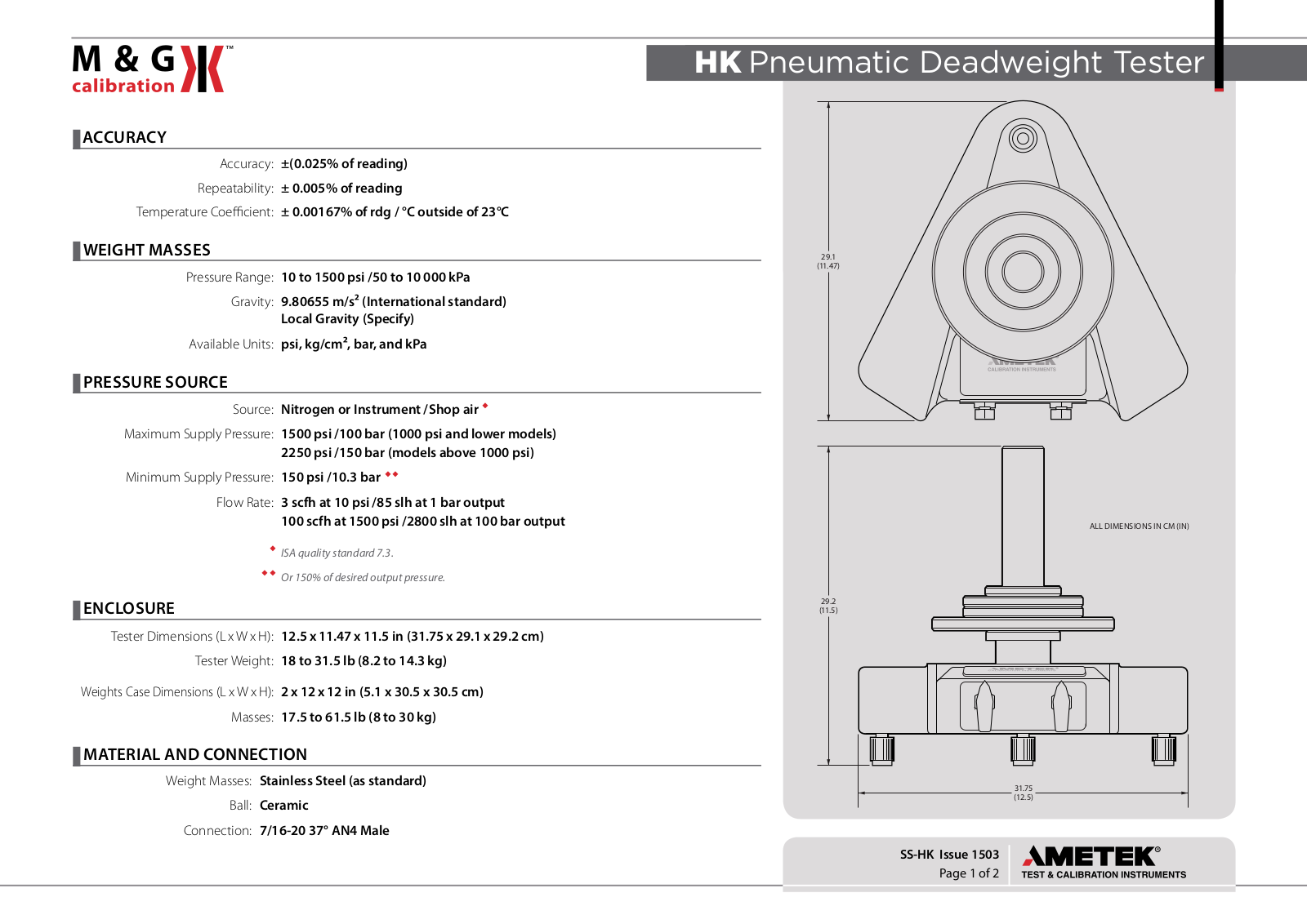 Ametek HK-500, HK-700, HK-1000, HK-1500, HK-40M Specifications