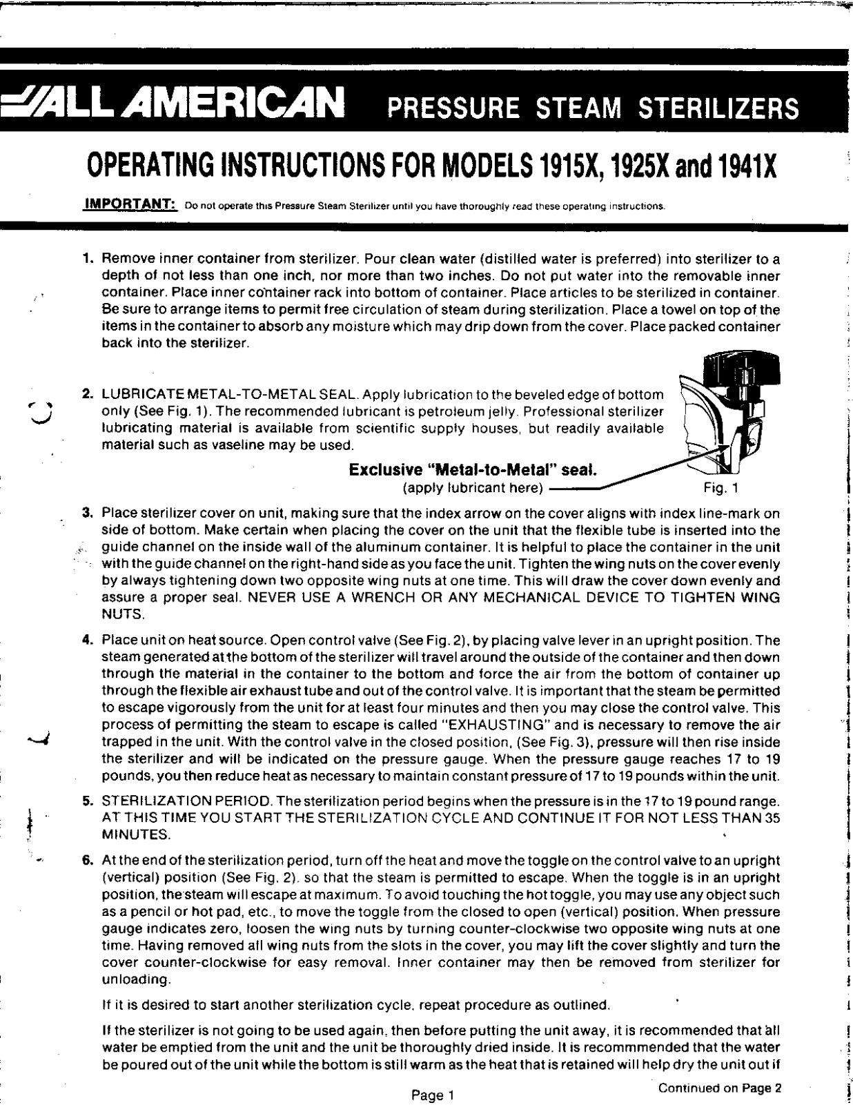 All American 1915X, 1925X, 1941X User manual