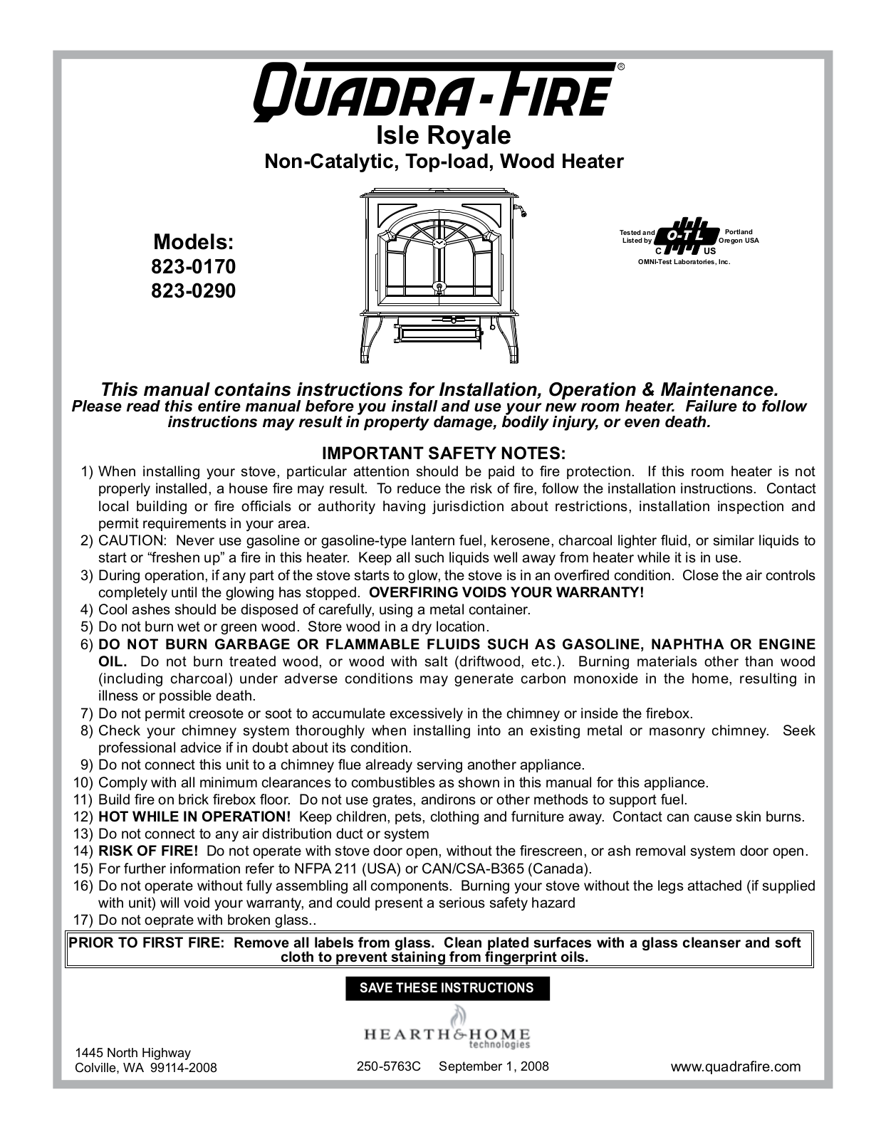 Hearth and Home Technologies 823-0290, 823-0170 User Manual