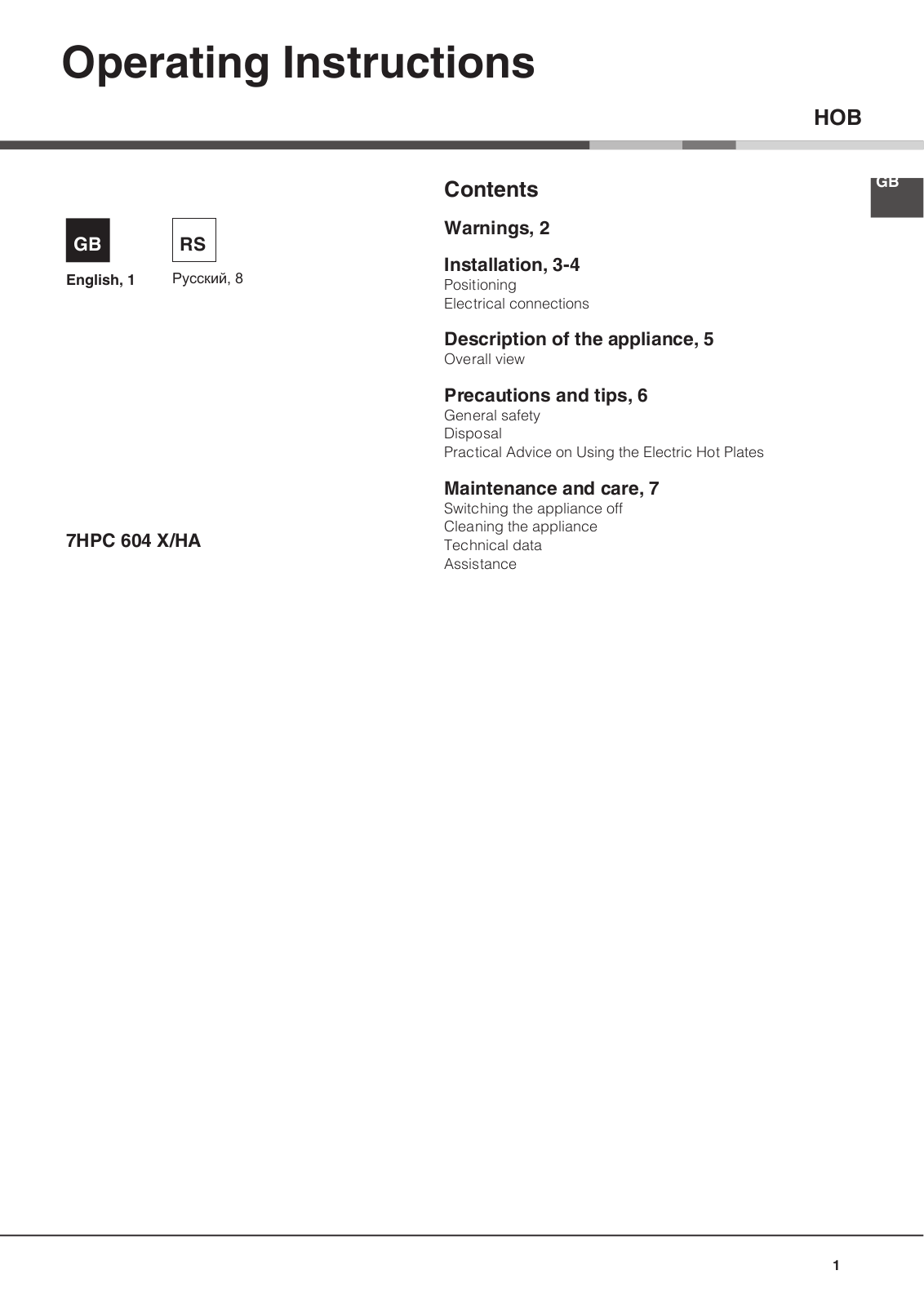 Hotpoint-ariston 7HPC 604 User Manual