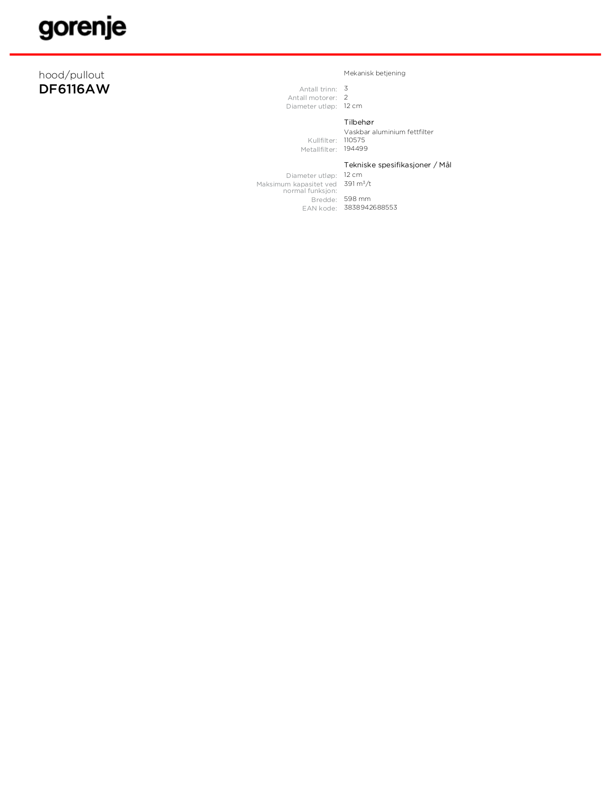 Gorenje DF6116AW DATASHEET