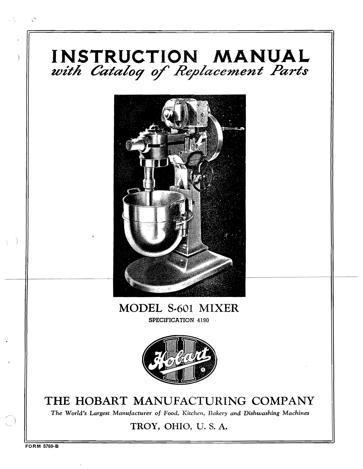 Hobart S-601 Installation Manual