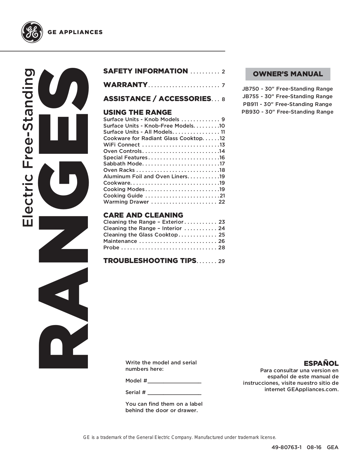 GE JB750DJBB, PB911TJWW, PB911SJSS, PB911EJES, PB911DJBB Owners Manual