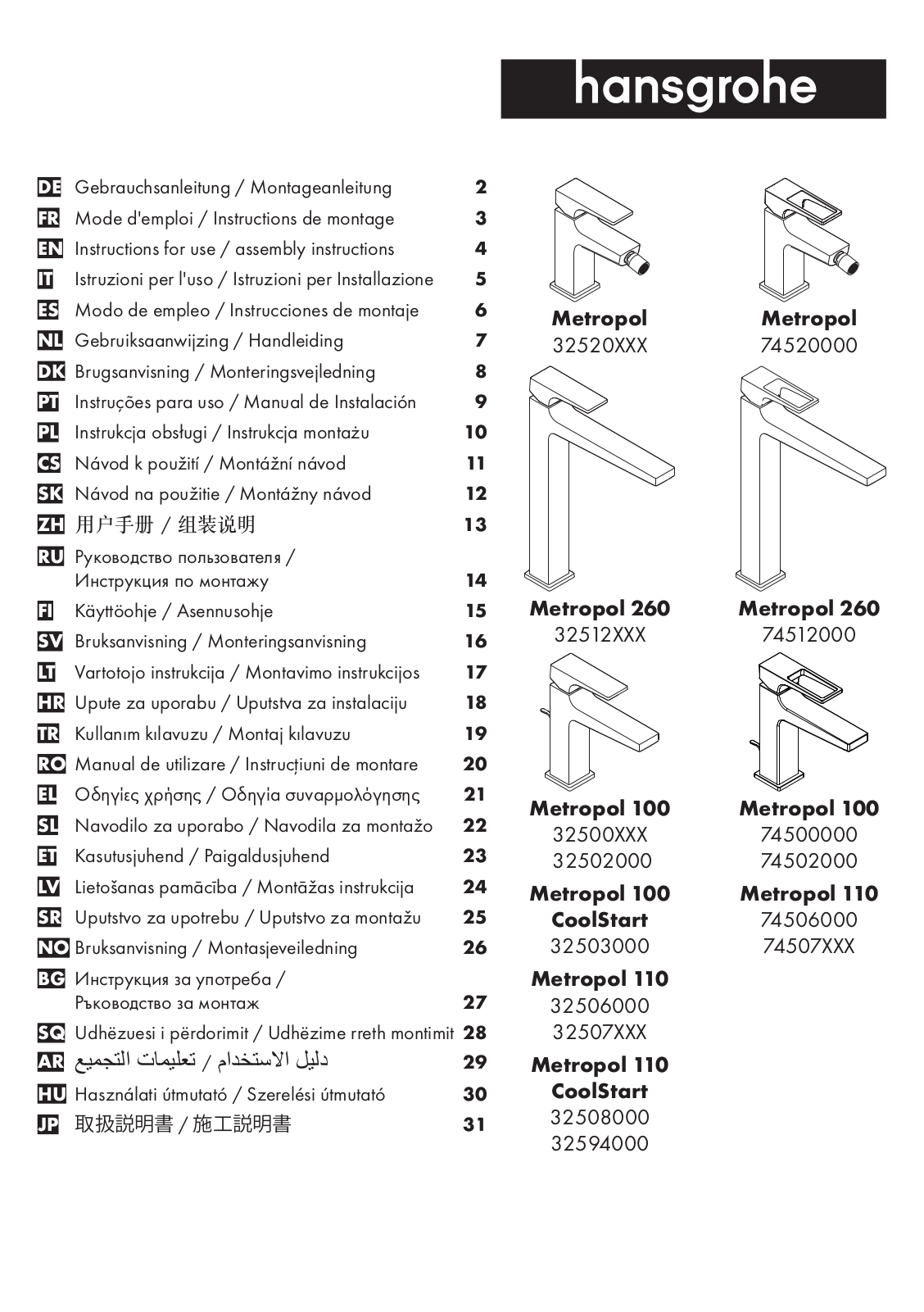 Hansgrohe 74520000, 74512000, 74500000, 74502000, 32502000 User guide