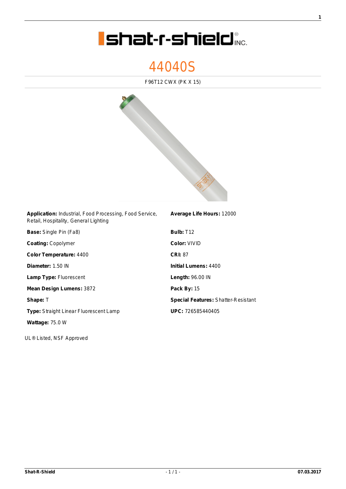 Shat-R-Shield 44040S Data sheet