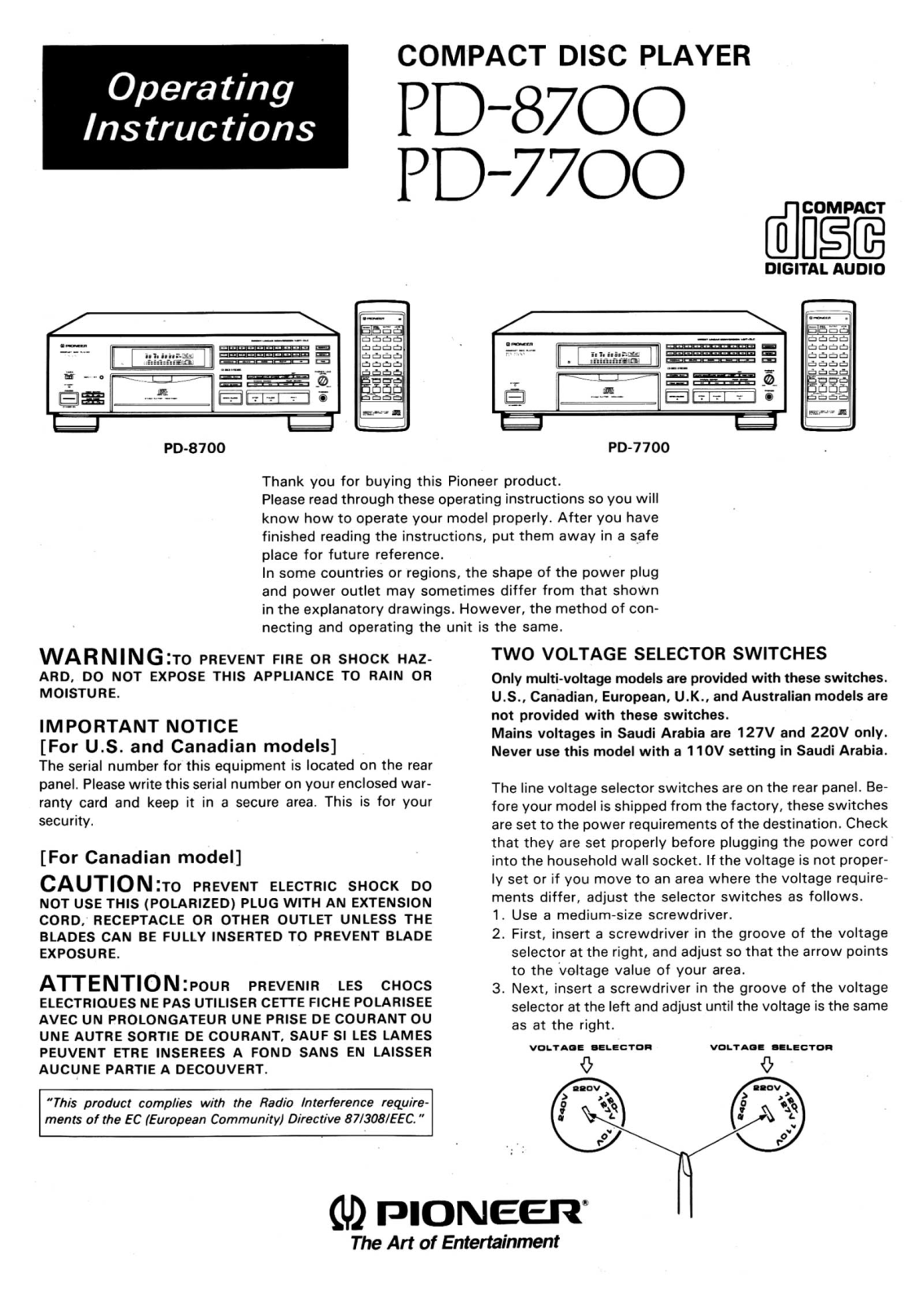 Pioneer PD-8700, PD-7700 Owners Manual