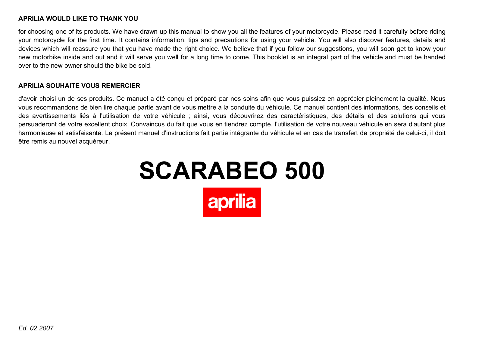 Aprilia SCARABEO 500 User Manual 2006