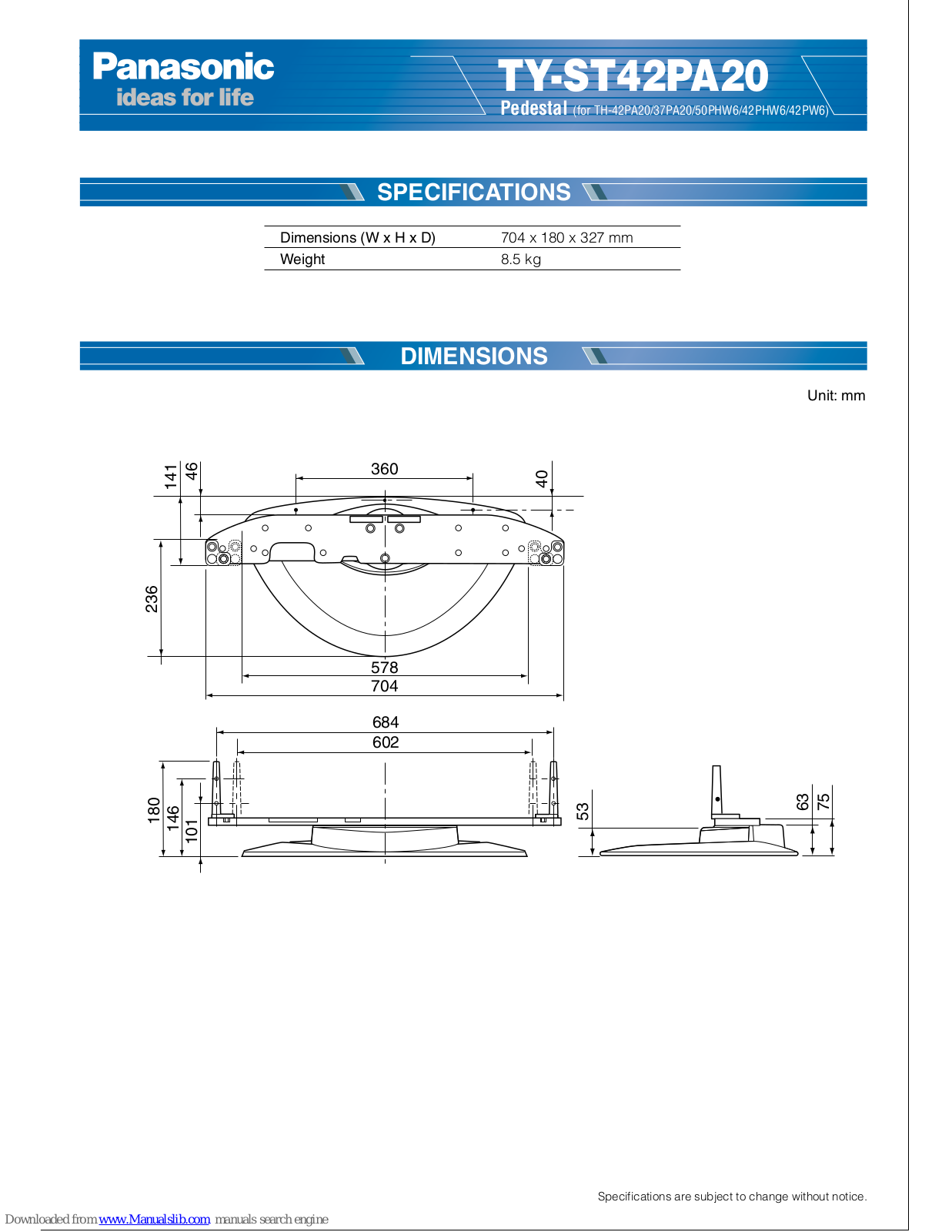 Panasonic Pedestal Stand TY-ST42PA20 Specifications