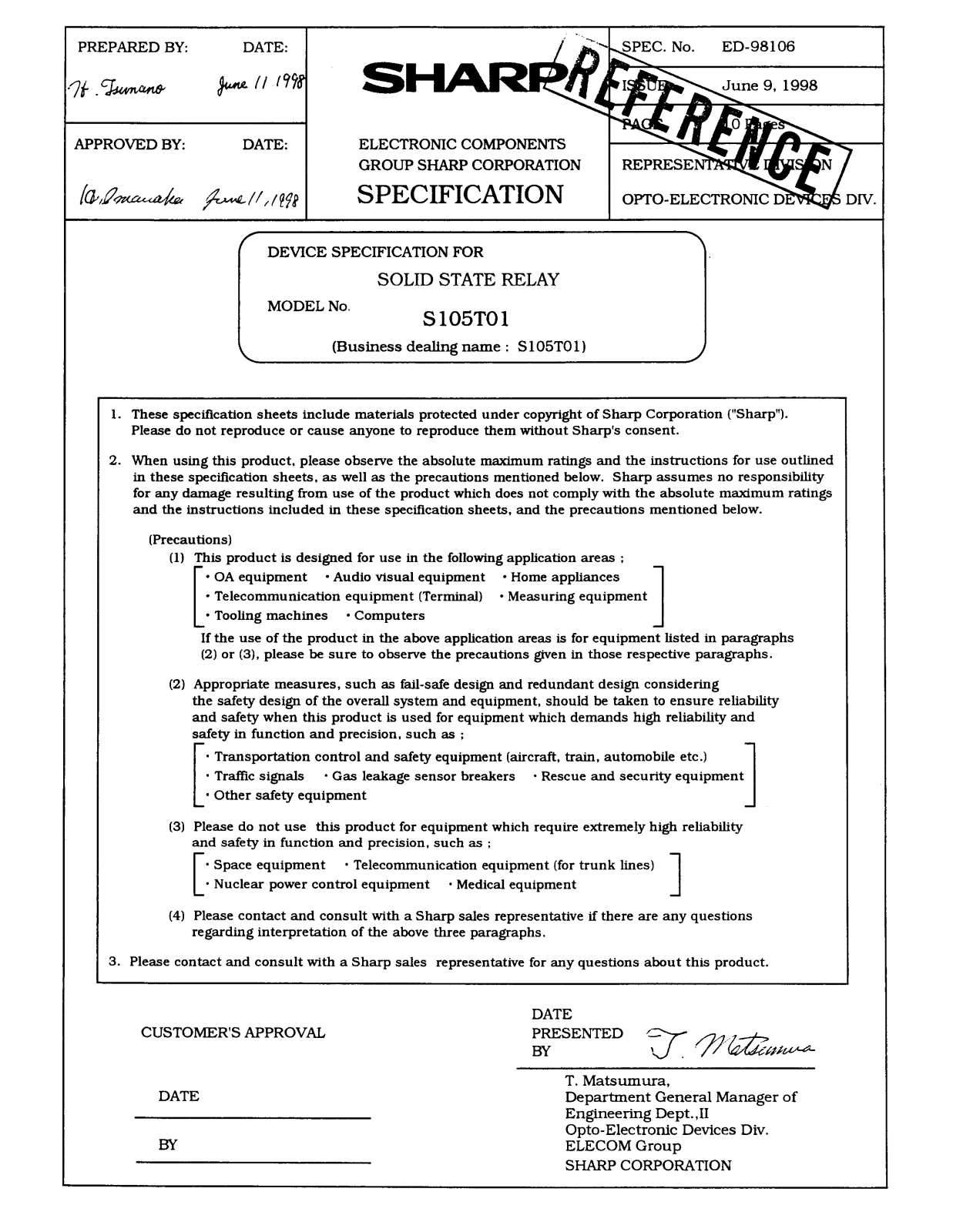 Sharp S105T01 Datasheet