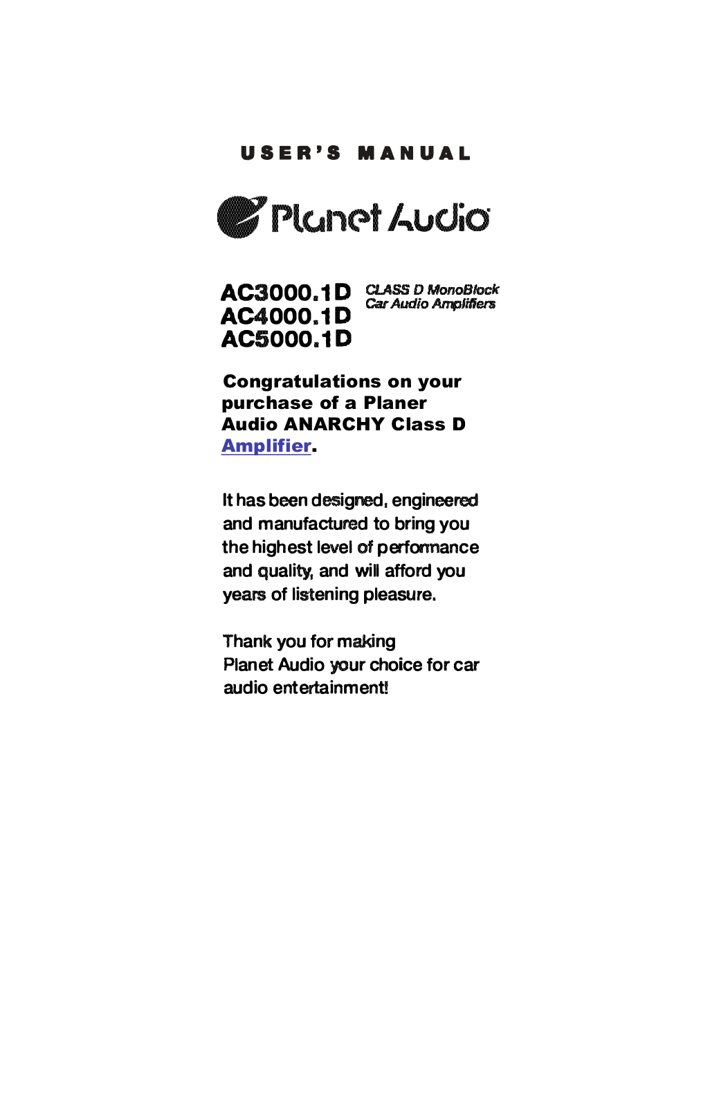 Planet Audio AC3000.1D, AC4000.1D, AC5000.1D User Manual